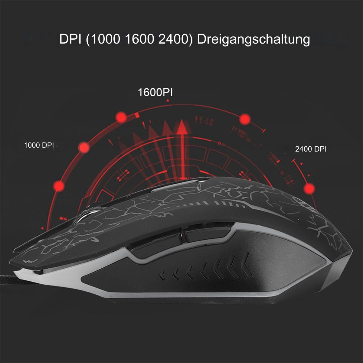 Schwarze Gaming-Maus mit roten Lichtern, die DPI-Einstellungen und einen schwarzen Hintergrund zeigen.