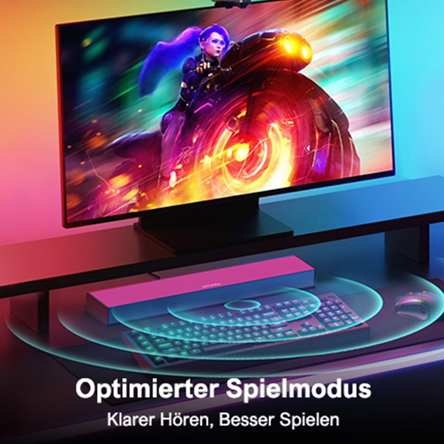 Ein Gaming-Monitor auf einem schwarzen Schreibtisch mit Tastatur und Maus. Der Bildschirm zeigt einen Spielcharakter.