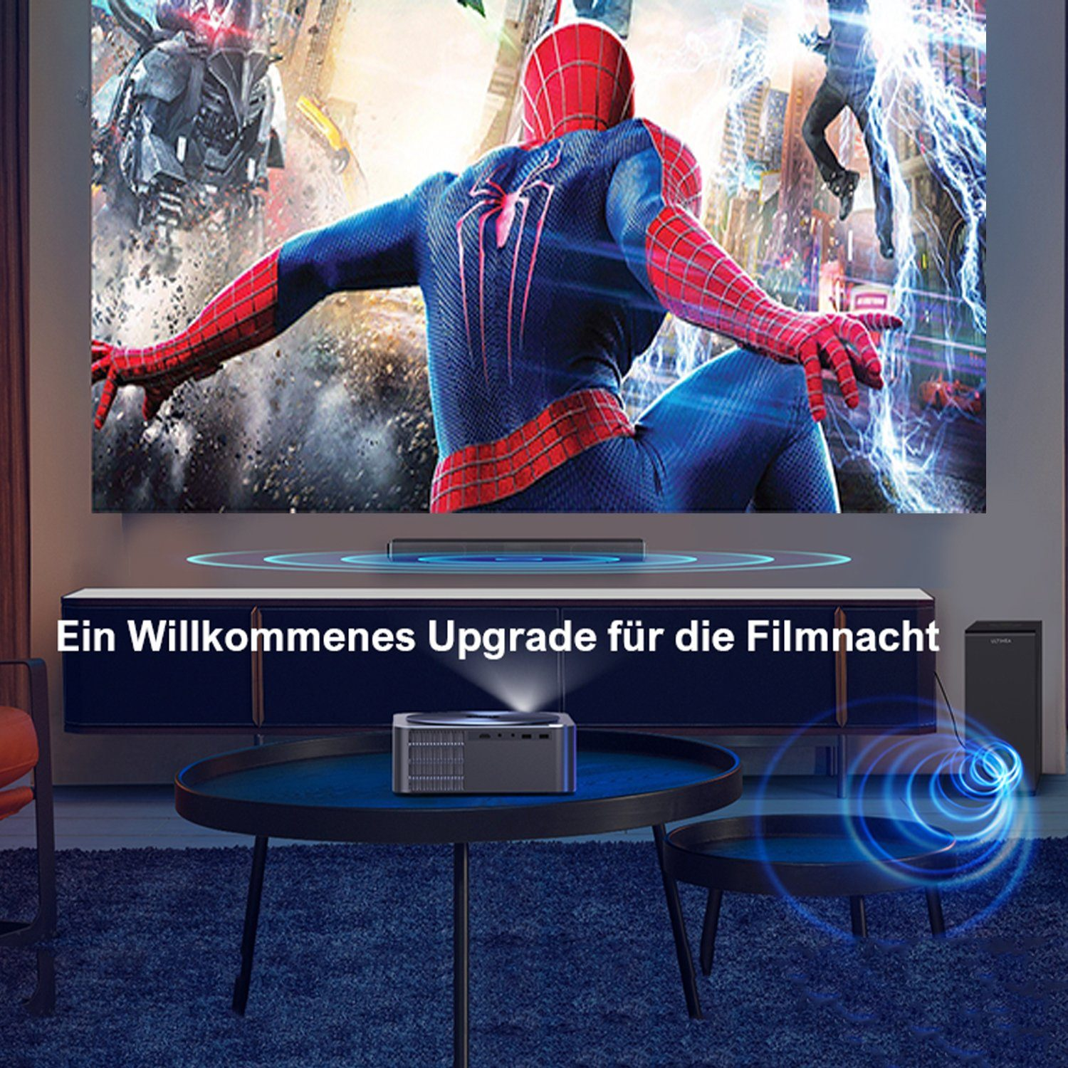 Ein Projektor auf einem Tisch. Spider-Man ist auf der Leinwand. Text: 'Ein willkommenes Upgrade für den Filmabend'.