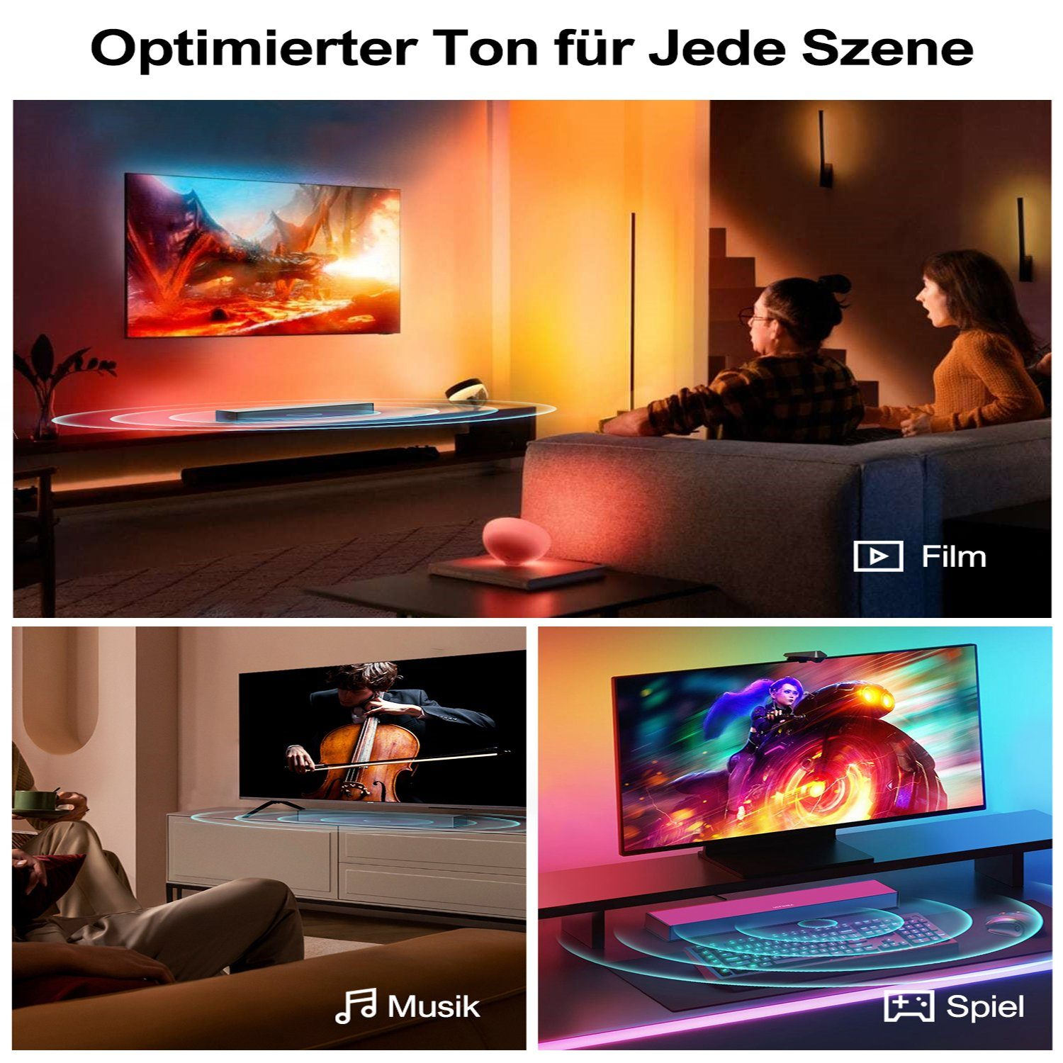 Eine Collage von Bildschirmen, die TV mit verschiedenen Einstellungen, Musik, Film und Spiel zeigen.