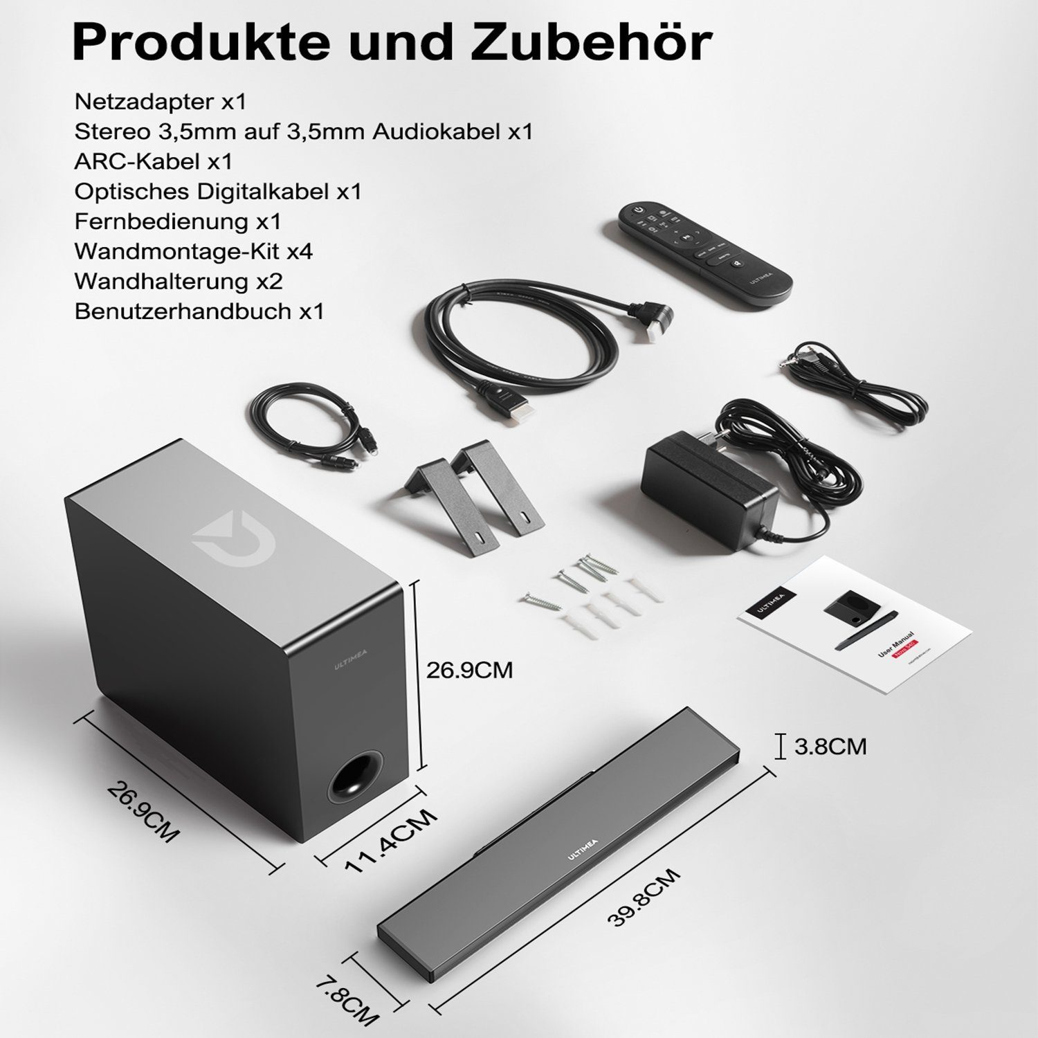 Produktset mit Soundbar, Kabeln, Fernbedienung und Zubehör, mit Maßen und schwarzem Hintergrund.