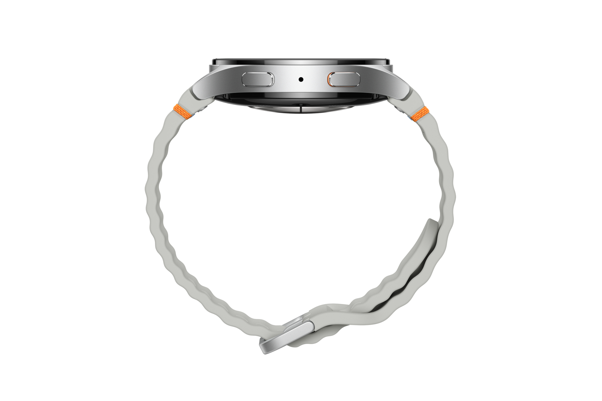 Zilveren smartwatch op een witte achtergrond. Grijze band met oranje accenten. Zijaanzicht.