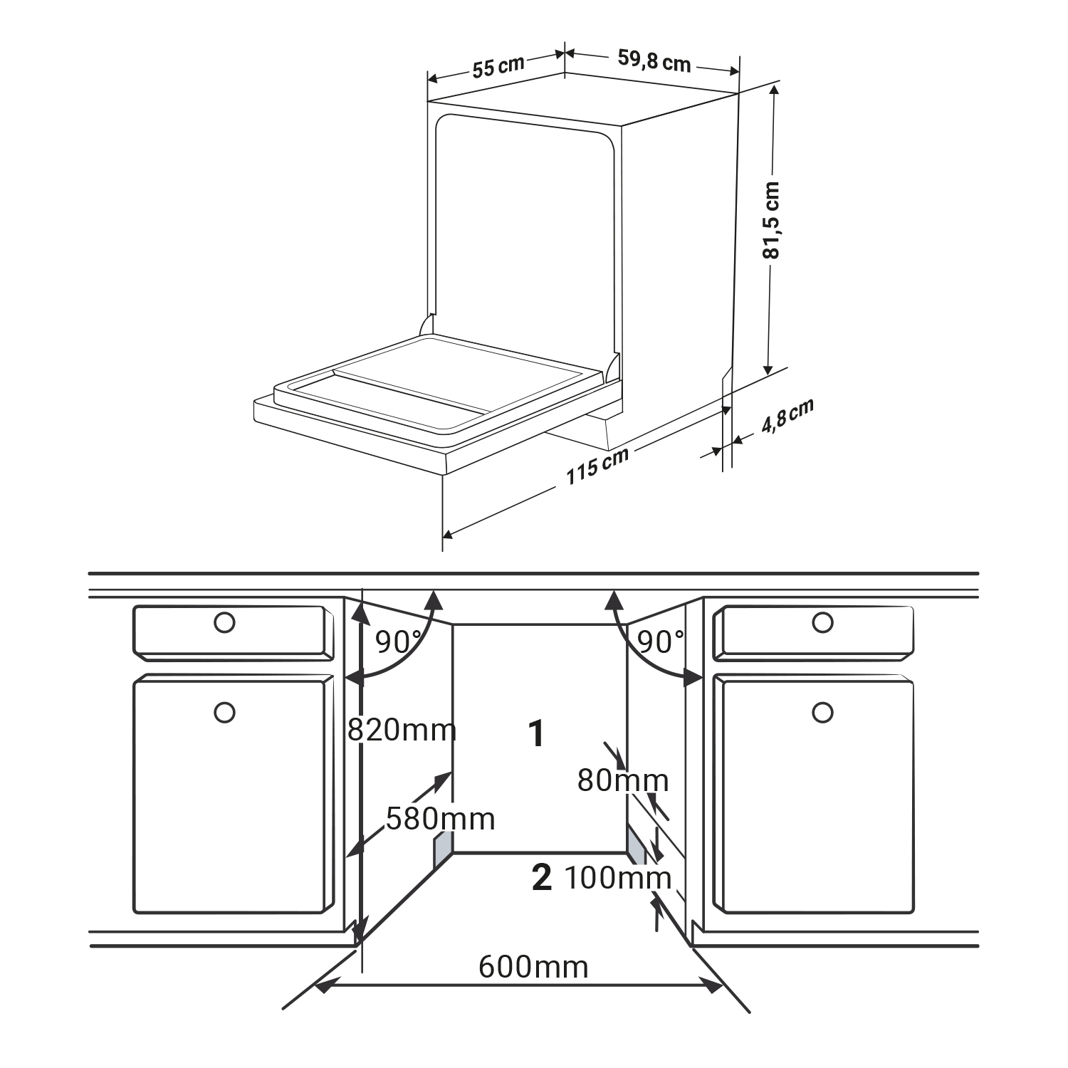 Diagramm einer Geschirrspüler-Installation mit Abmessungen, zeigt die Platzierung in einer Küche.