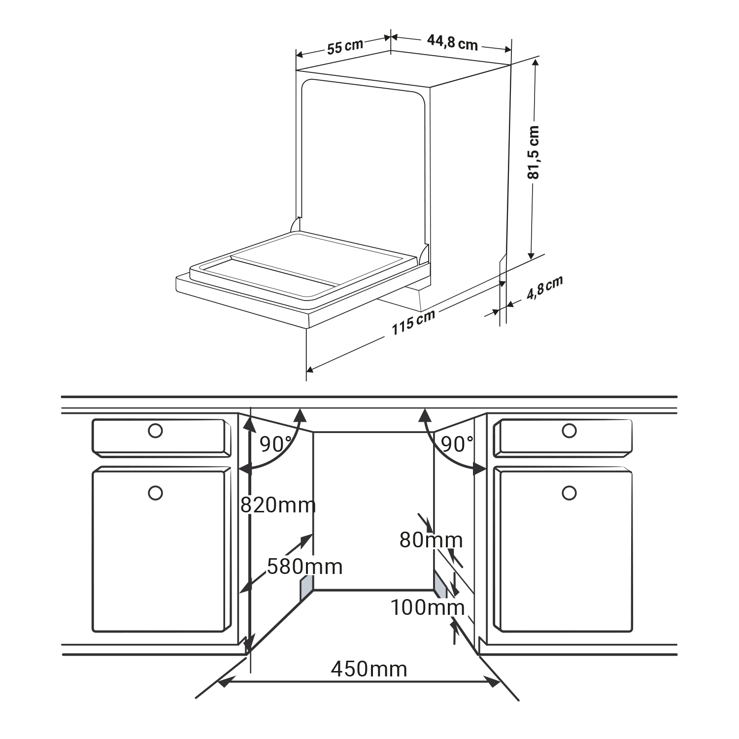 Schema einer Spülmaschine mit Abmessungen in Zentimetern und Millimetern.