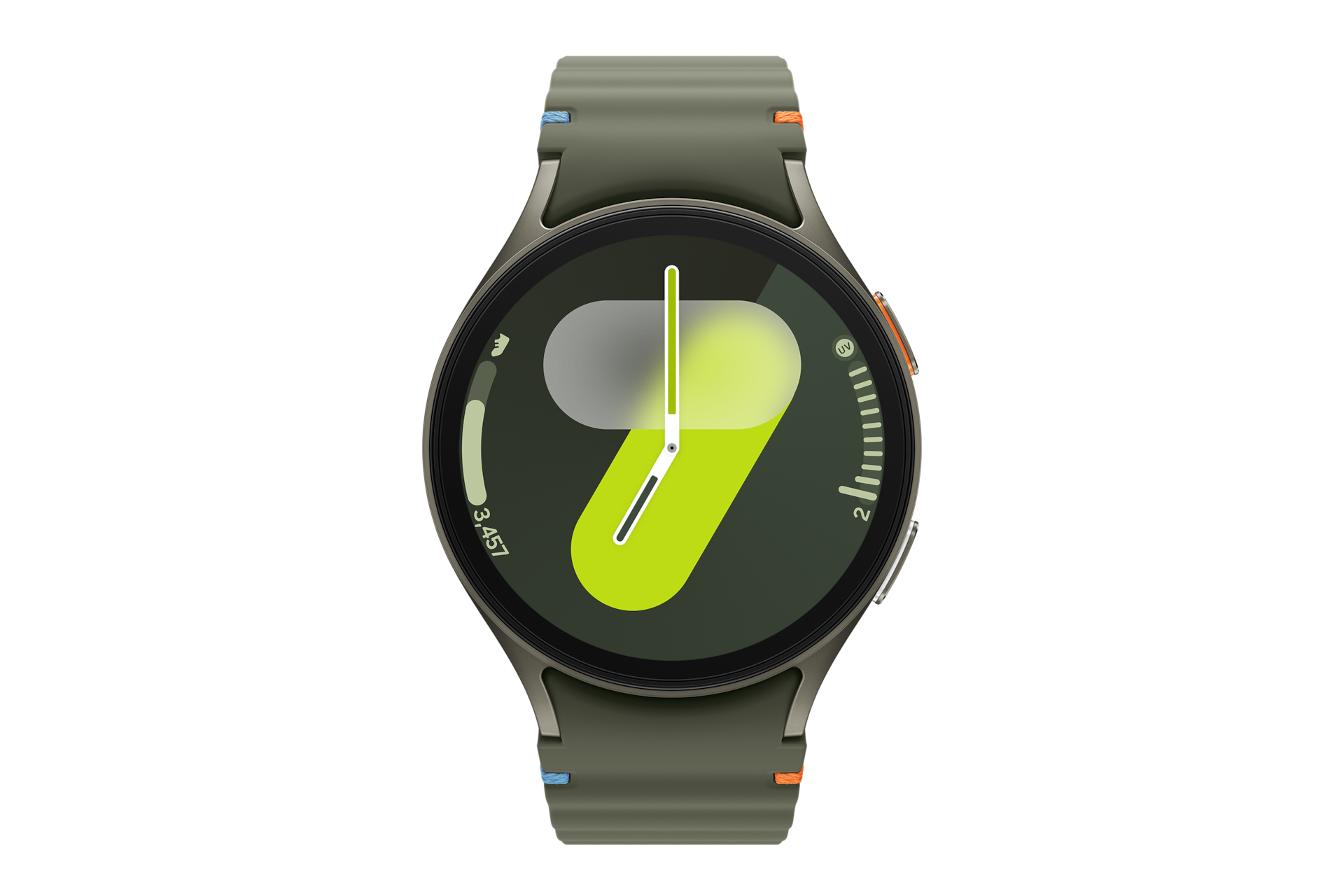 Vista superior de un reloj inteligente con correa verde oscuro y esfera verde brillante.