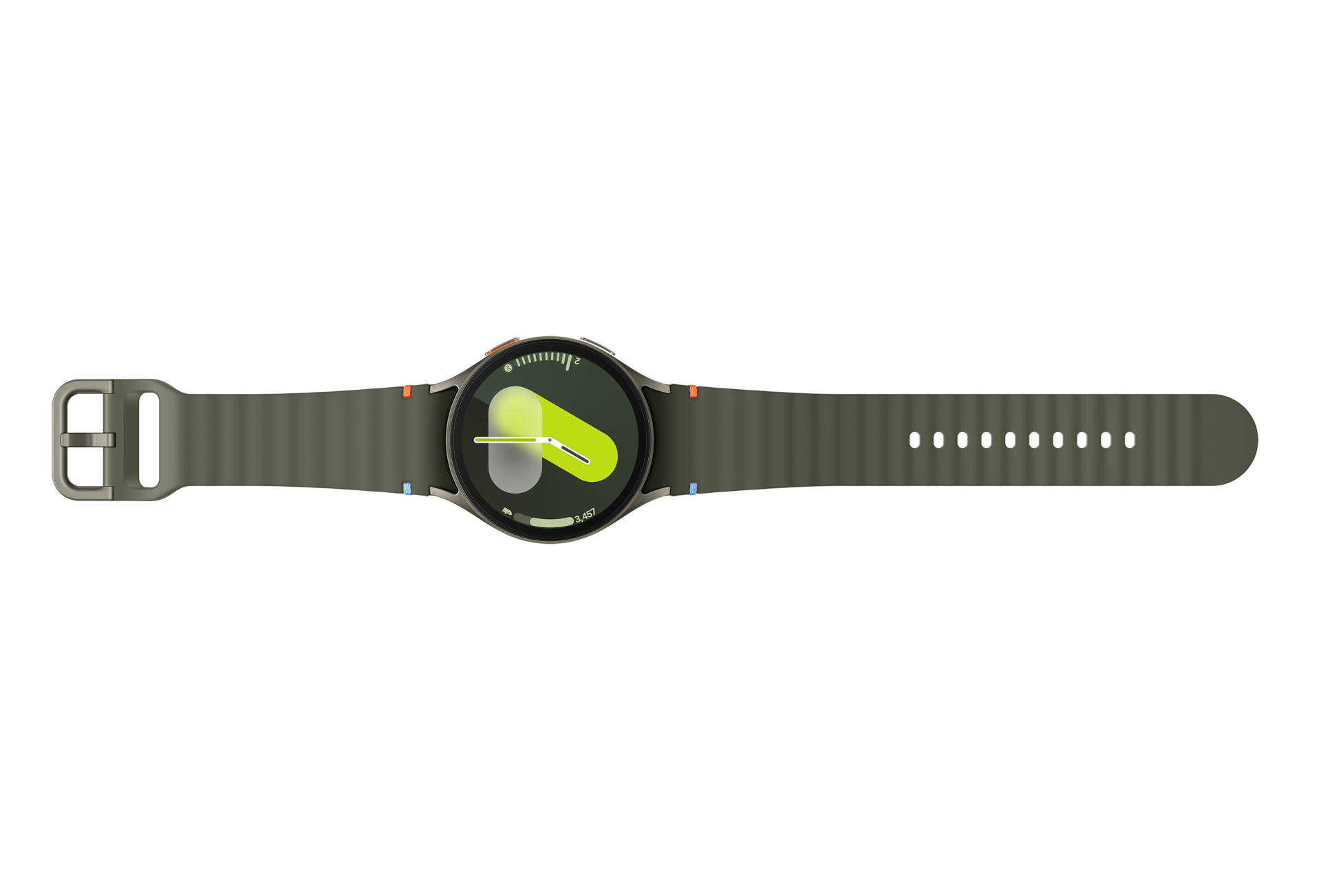 Olijfgroene smartwatch met bandje, toont tijd en activiteit.