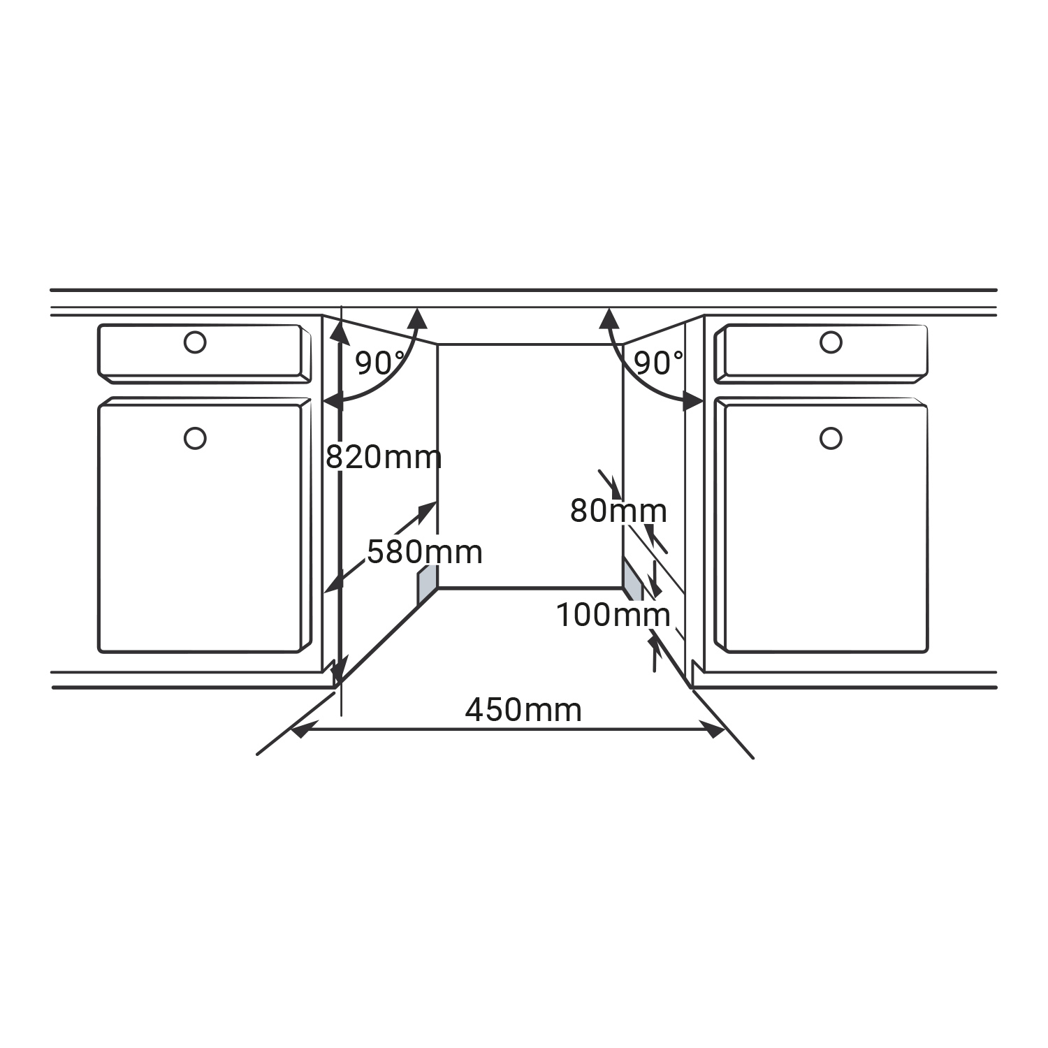 Diagramm eines Badezimmerwaschbeckenbereichs mit Abmessungen in mm.