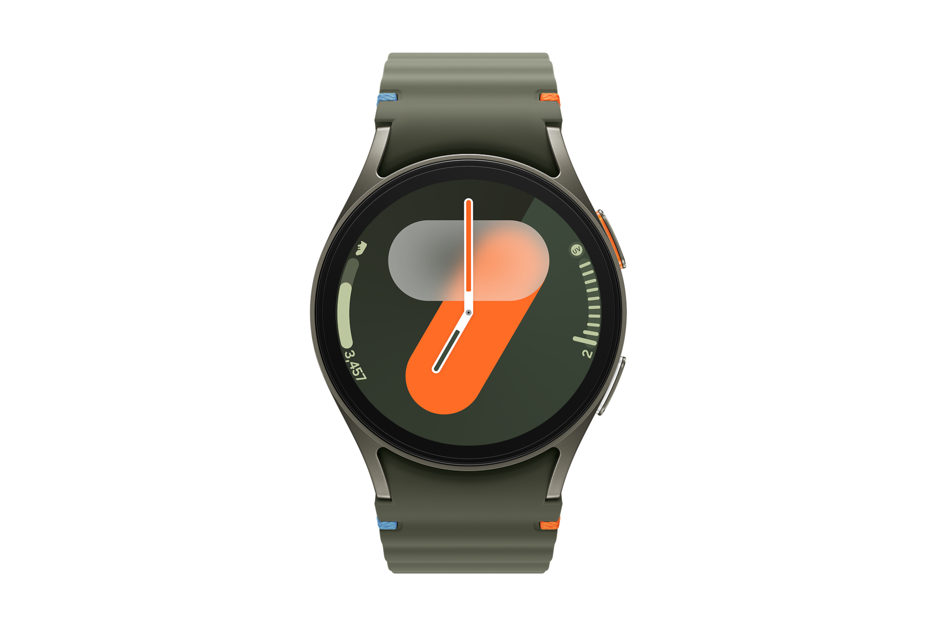 Smartwatch met een groene band. Het scherm toont een oranje wijzerplaat met een witte wijzer.