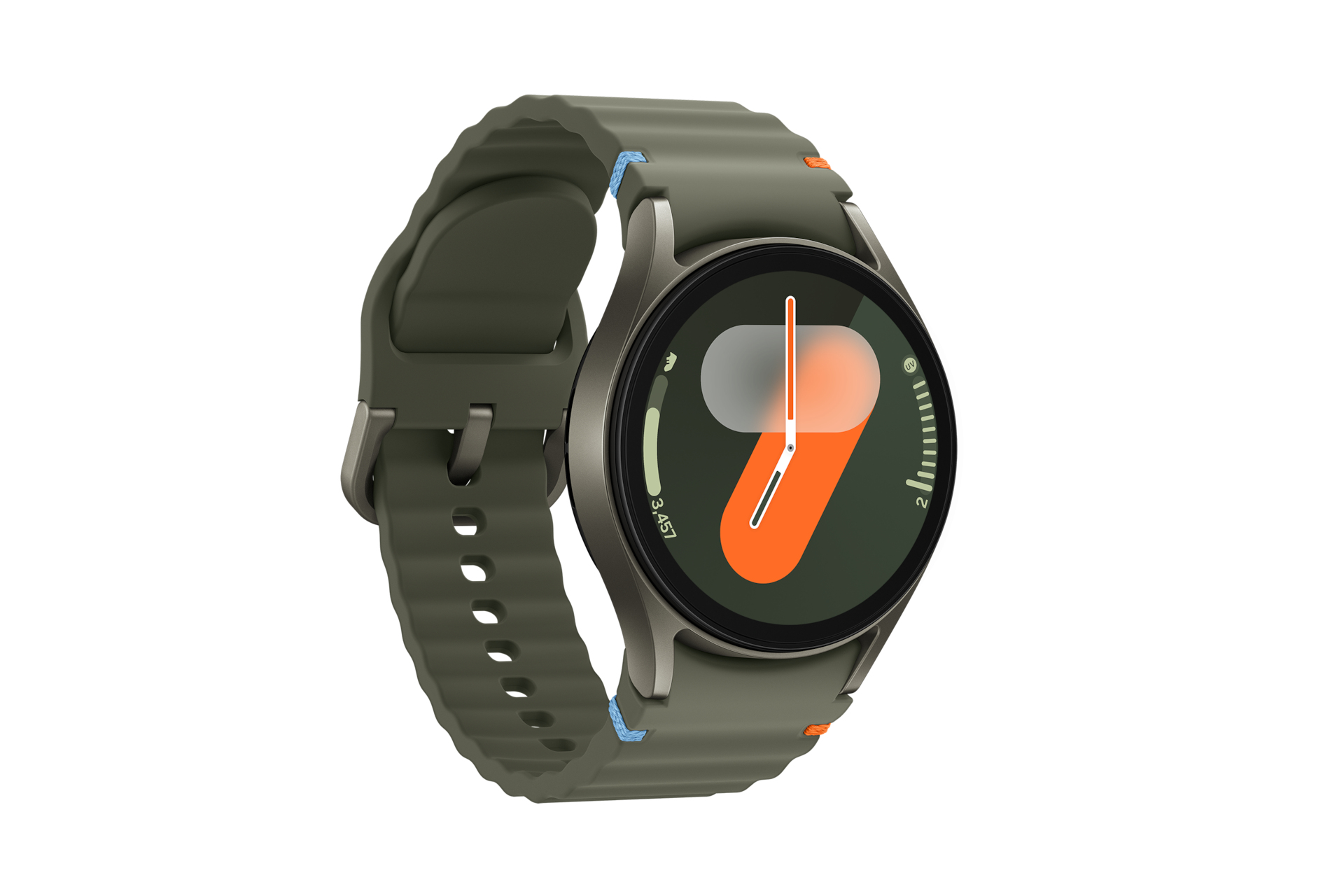 Olijfgroene smartwatch met zwart scherm en oranje accenten op witte achtergrond.