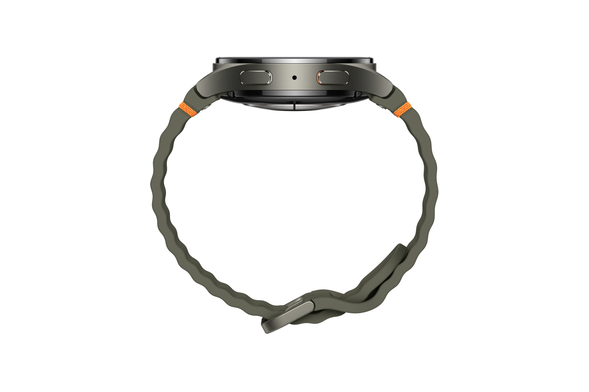 Een zijaanzicht van een grijze smartwatch. Het horloge heeft een grijze band met oranje accenten en een zilveren kast.
