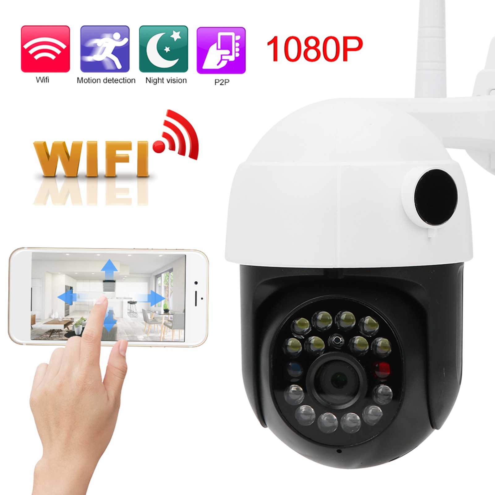 Weiße Überwachungskamera mit schwarzem Objektiv, Mobiltelefon und Symbolen. Text: 1080P, Wifi, Motion Detection.