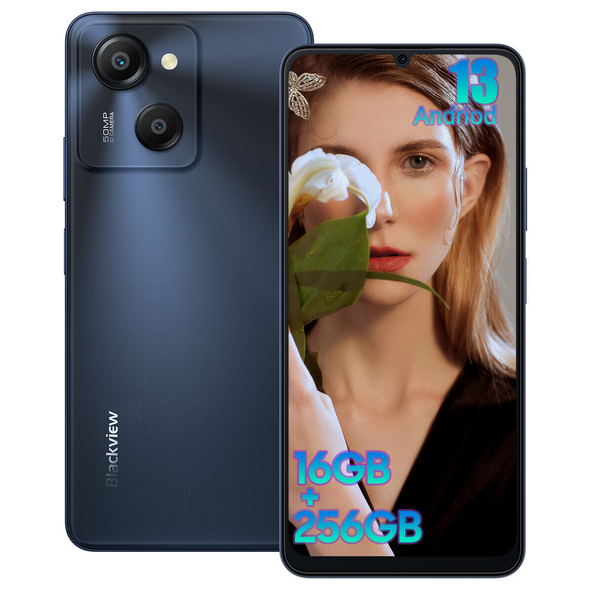 Donna con fiore bianco, telefono con volto femminile e specifiche, e doppia fotocamera.