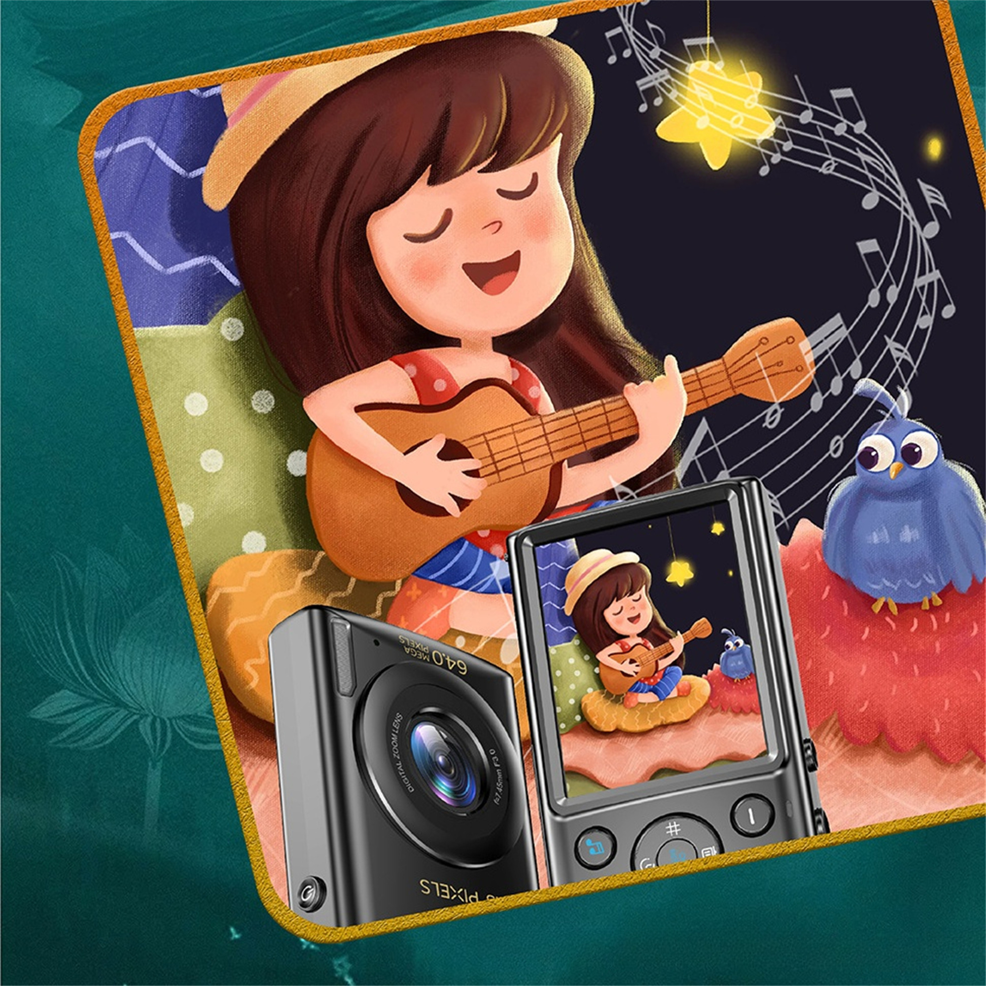 Illustration eines Mädchens, das Gitarre spielt, mit Kamera und Bildschirm.