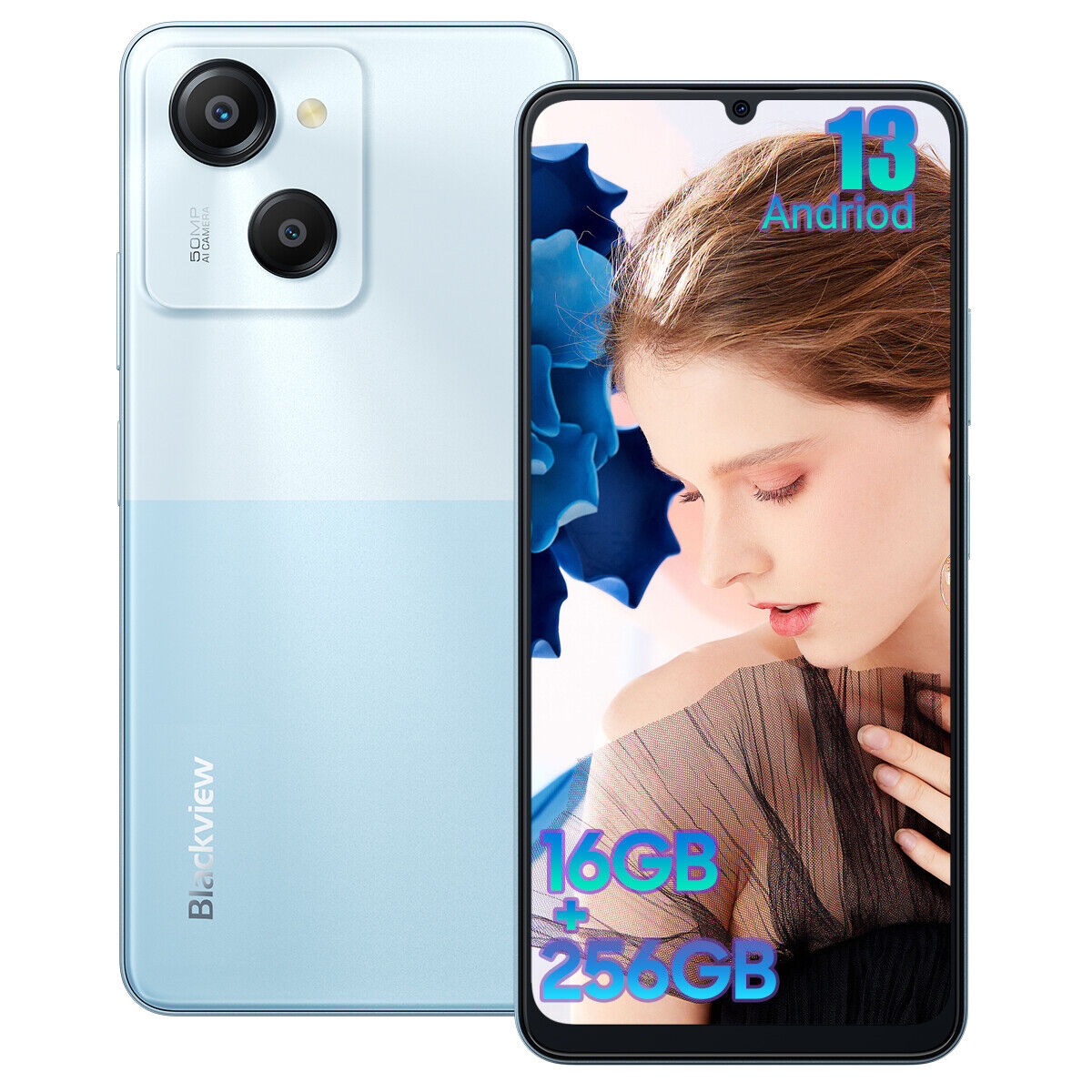 Smartphone azzurro e bianco con volto di donna sullo schermo e testo.