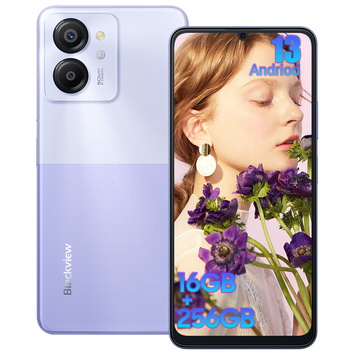 Un telefono viola e bianco, che mostra una donna sullo schermo, con sovrapposizione di testo.