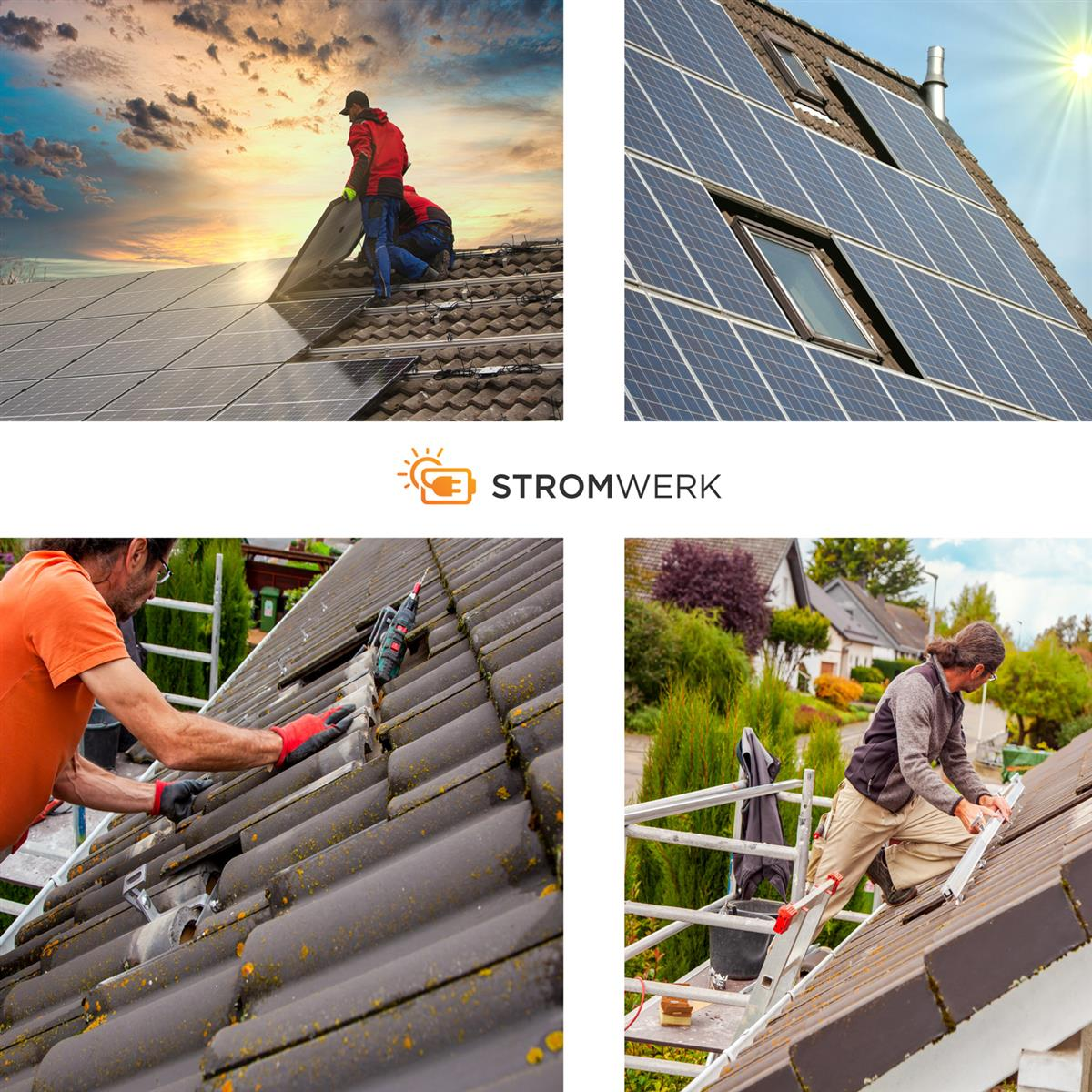 Collage von Bildern, die die Installation von Sonnenkollektoren auf Dächern mit dem Stromwerk-Logo zeigen.