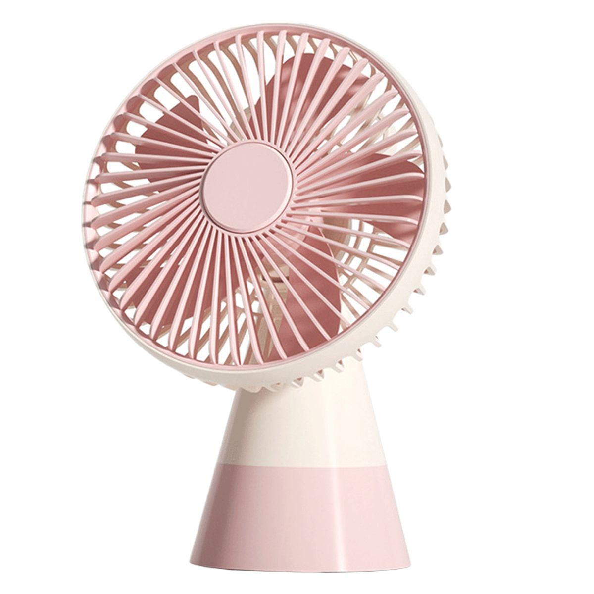 Tragbarer Ventilator in Rosa und Weiß. Der Ventilator steht auf weißem Untergrund.