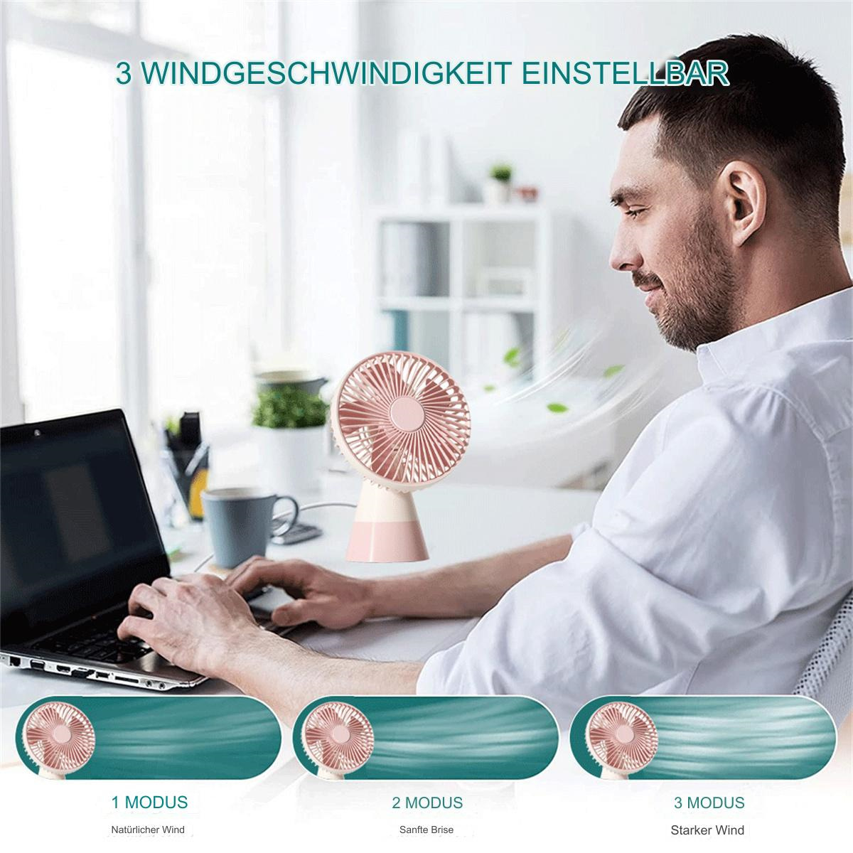 Mann, der einen rosa Schreibtischventilator benutzt. Text und Diagramme, die Lüftermodi zeigen.