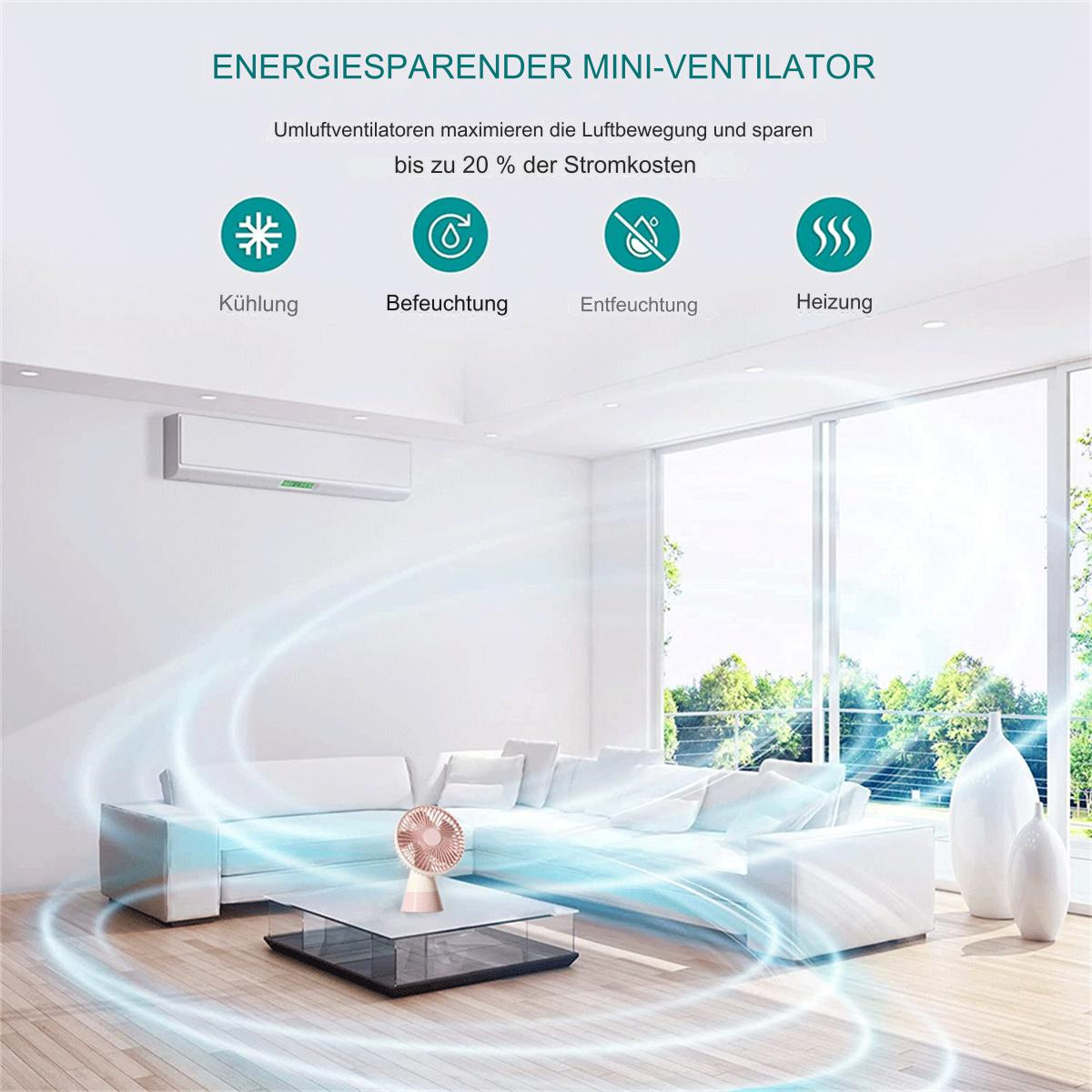 Modernes Wohnzimmer mit Mini-Ventilator auf einem Tisch und Klimaanlage.