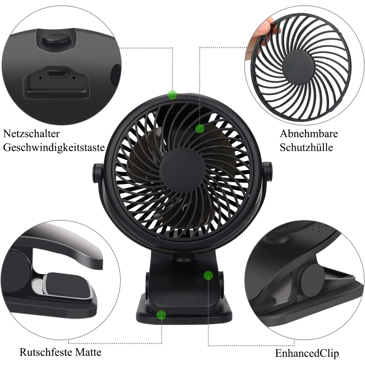 Schwarzer Ventilator mit mehreren Etiketten. Er ist rund und hat Flügel. Details: Netzschalter, Geschwindigkeits-Taste, Clip-Details.