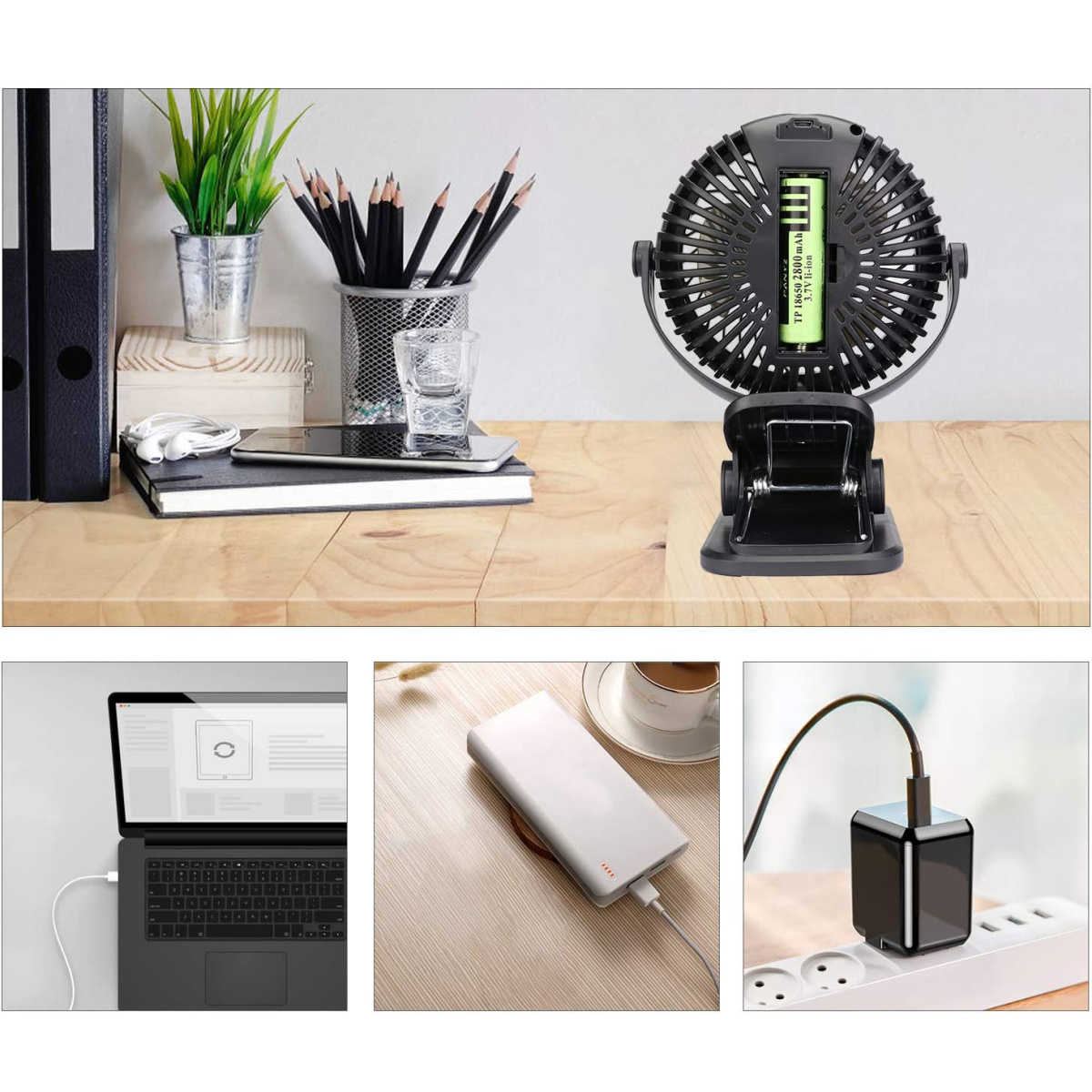 Ventilator mit Stifthalter, Laptop, Powerbank, Ladegerät und Verlängerungskabel.
