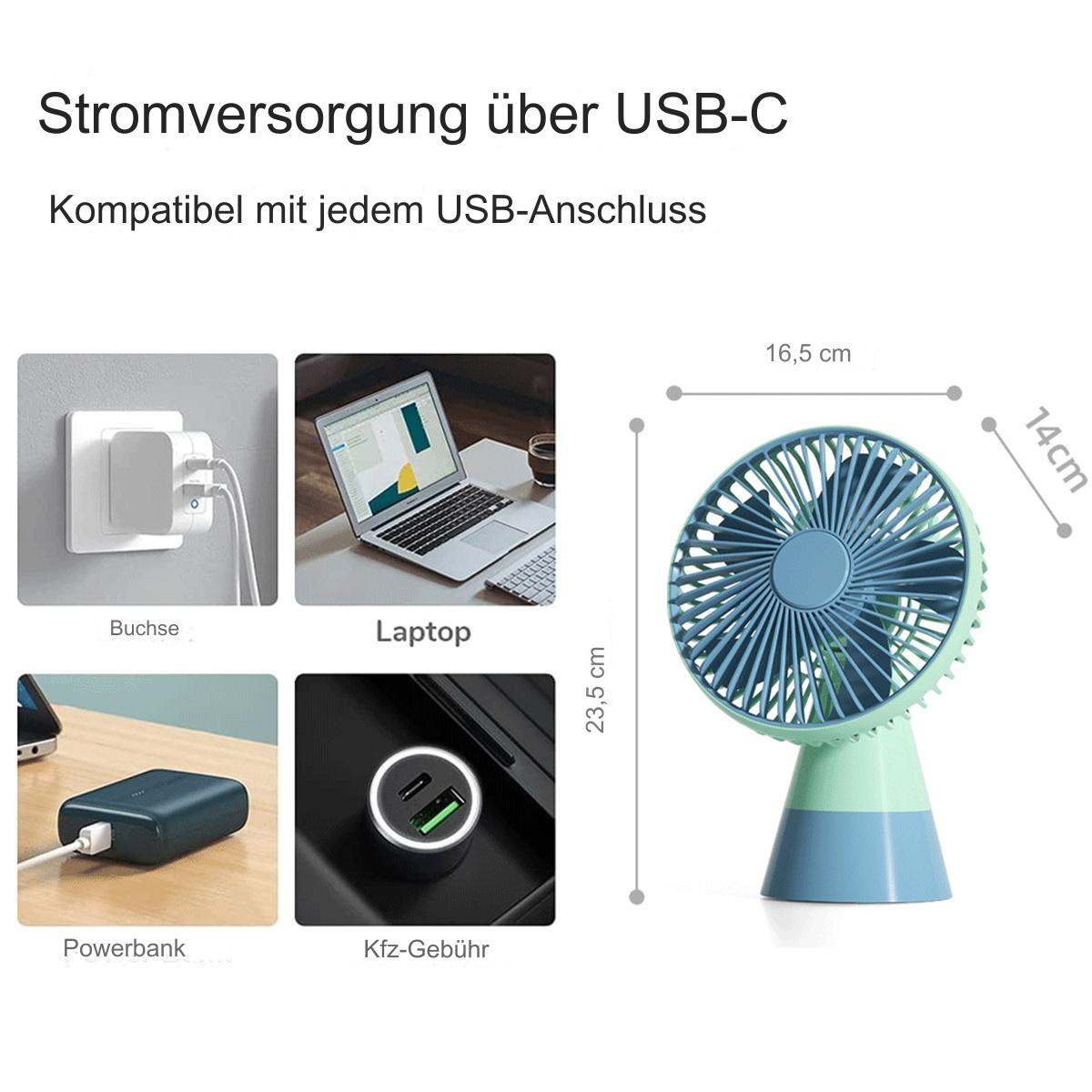 Ein tragbarer Ventilator mit blauem und grünem Design, in der Nähe verschiedener Lademöglichkeiten.