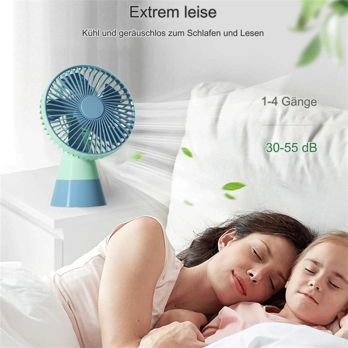 Ein kleiner blau-grüner Ventilator auf einem Nachttisch, in der Nähe einer schlafenden Frau und eines Kindes.