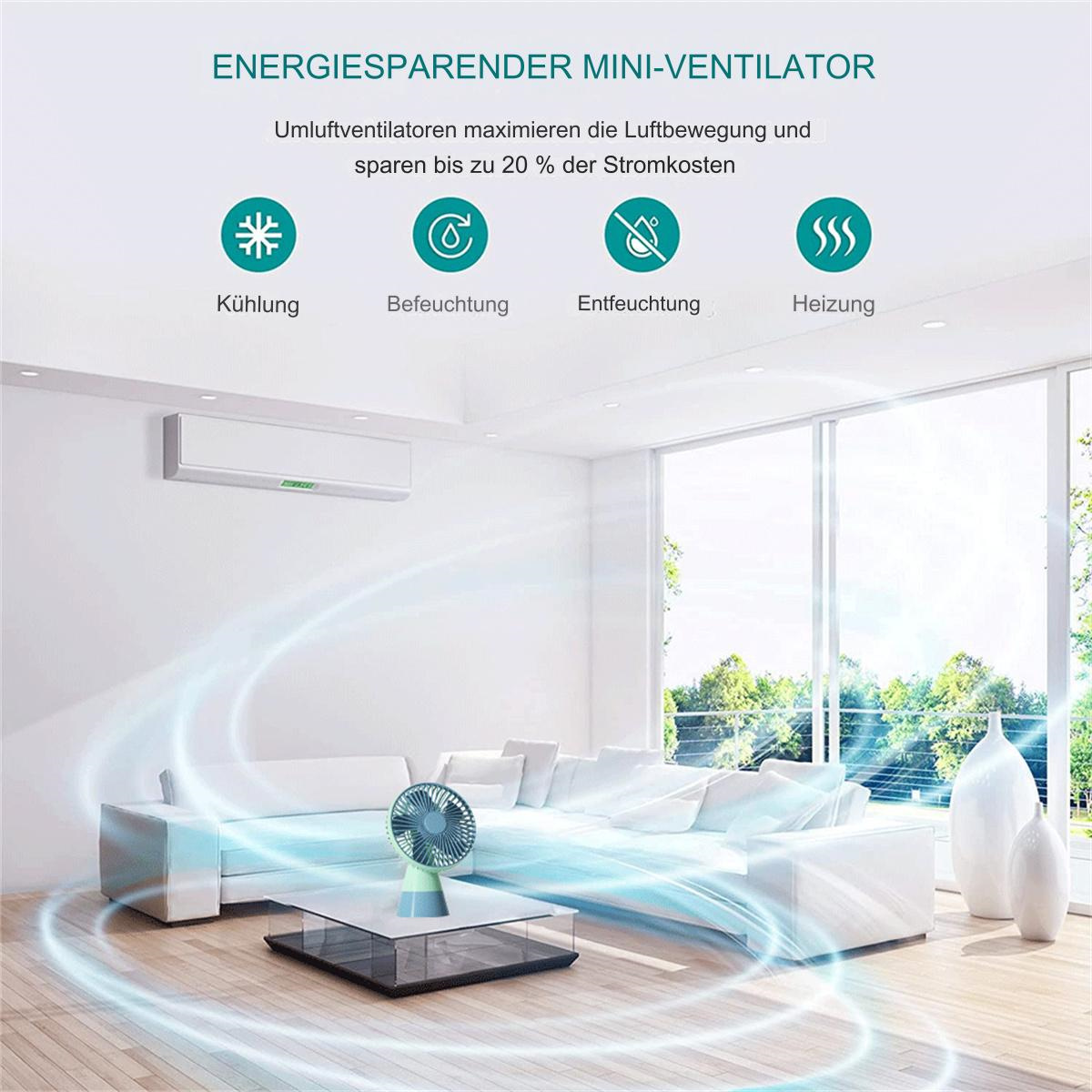 Ein kleiner Ventilator mit Sofa und Fenster im Hintergrund, Innenraum.