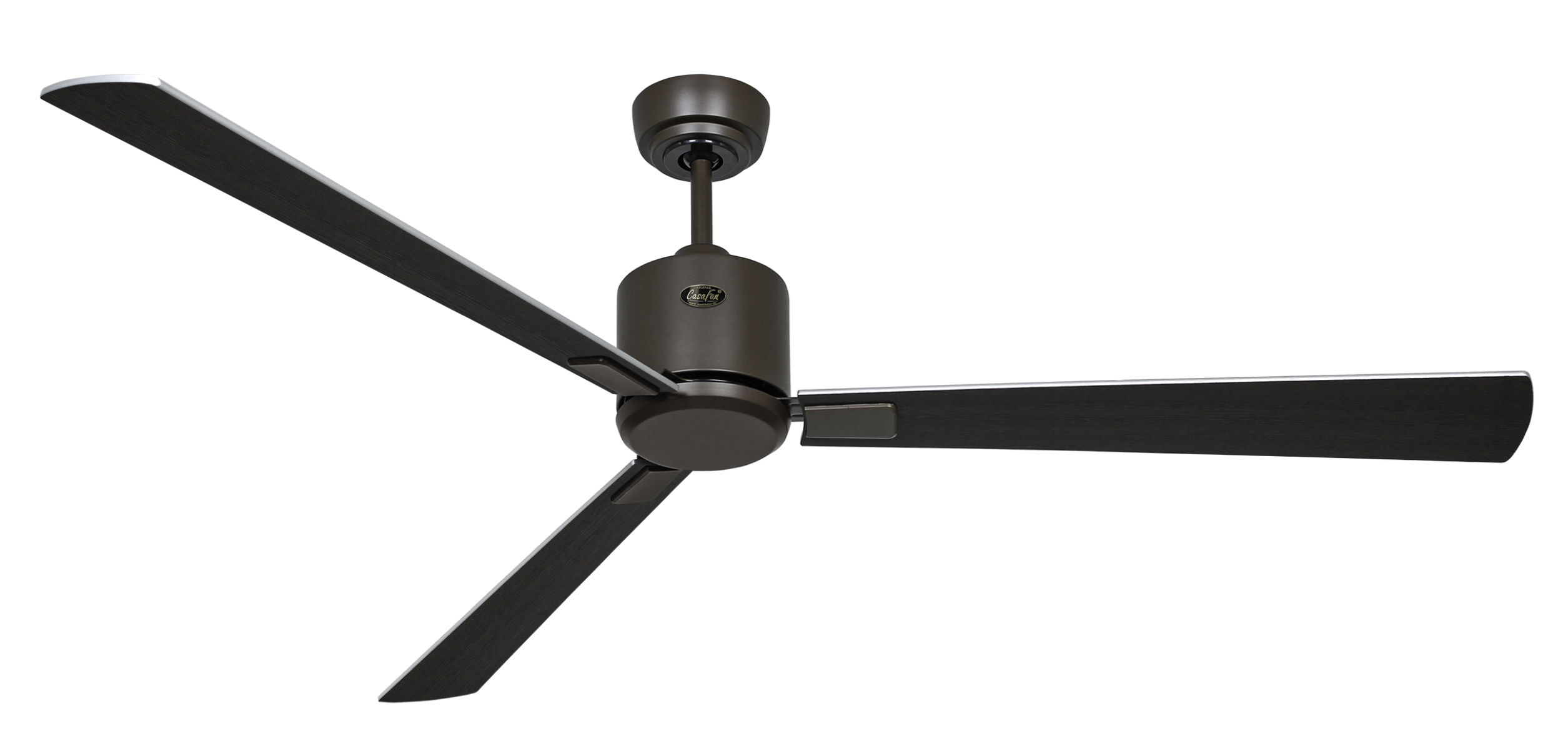 Ventilatore da soffitto marrone con tre pale, sfondo bianco.