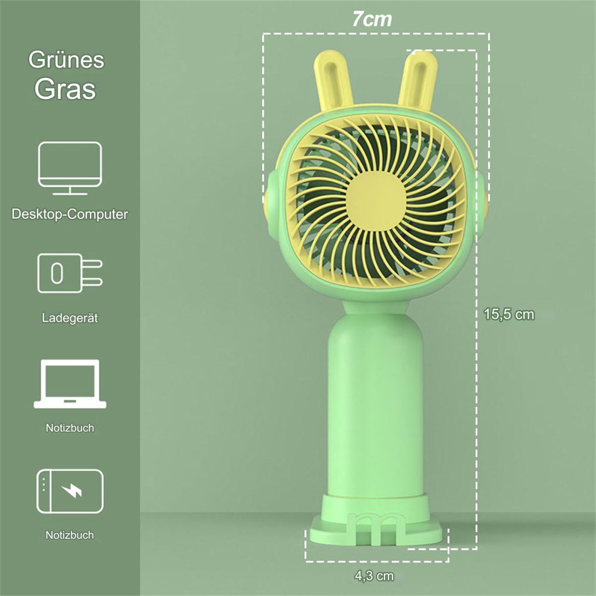 Ein grüner tragbarer Ventilator in Hasenform mit Maßen und Beschriftungen, mit grünem Hintergrund.