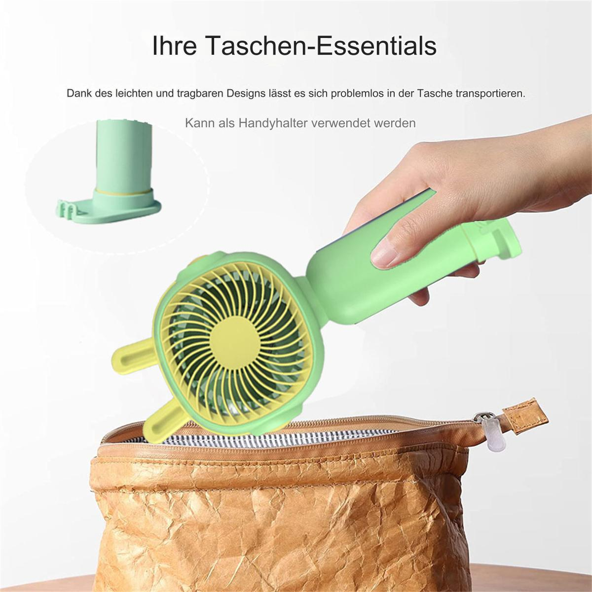 Person hält einen grün-gelben tragbaren Ventilator über einer braunen Papiertüte.