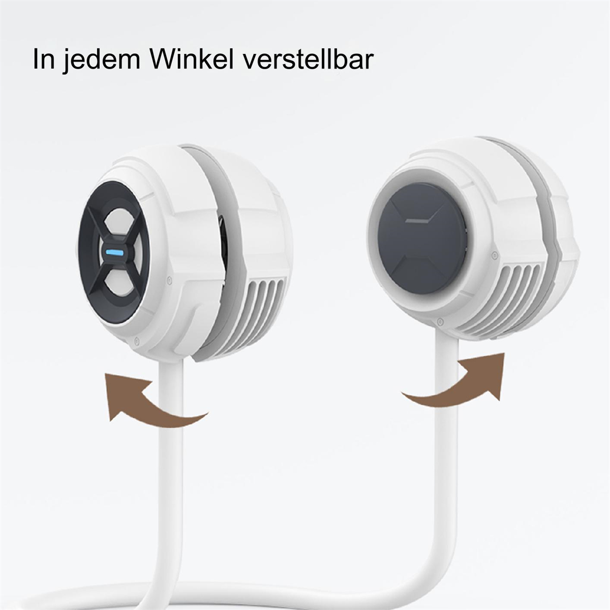 Zwei weiße und graue tragbare Ventilatoren auf einem weißen Ständer. Pfeile zeigen verstellbare Winkel an.