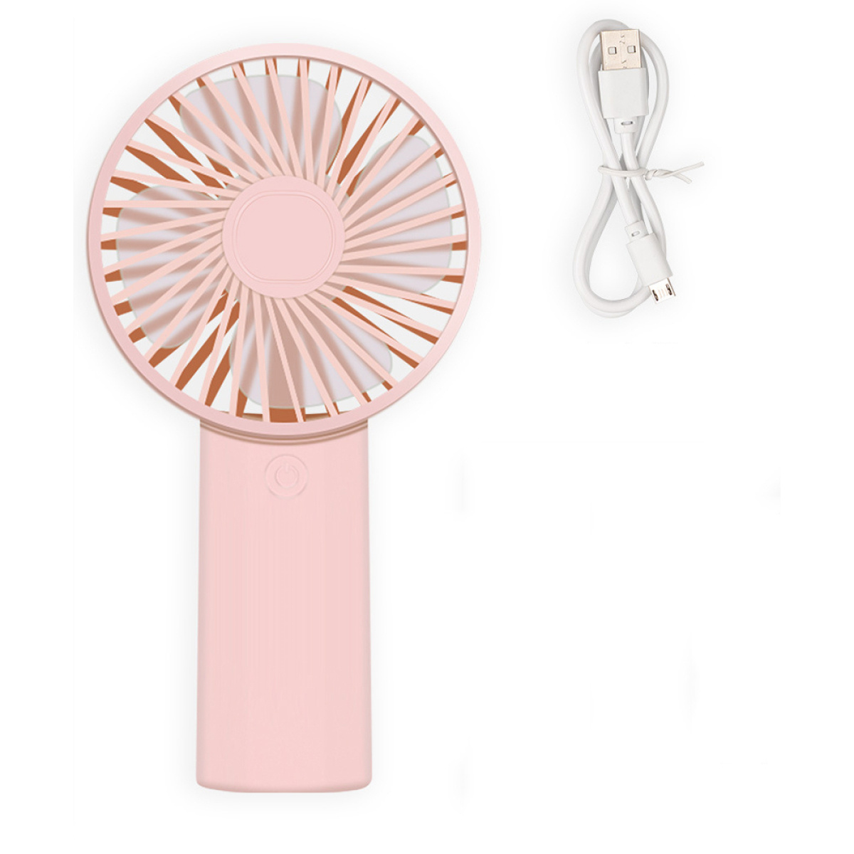 Rosa Handventilator mit Ladekabel. Ventilator hat rosa Flügel.