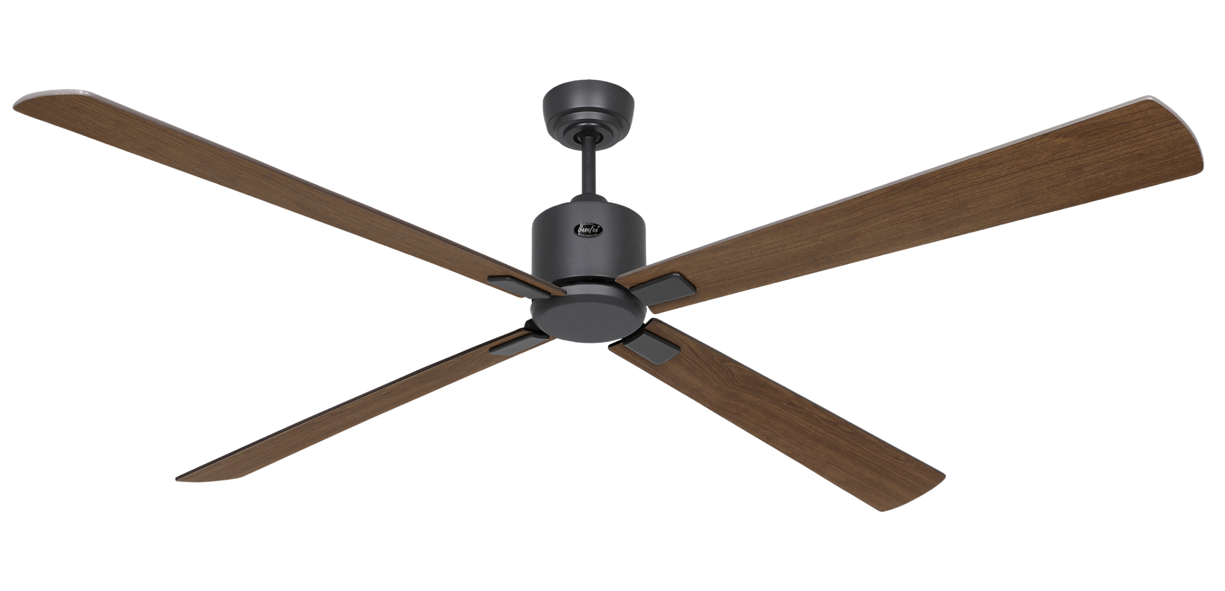 Ein Deckenventilator mit vier Holzflügeln und einem schwarzen Motorgehäuse.
