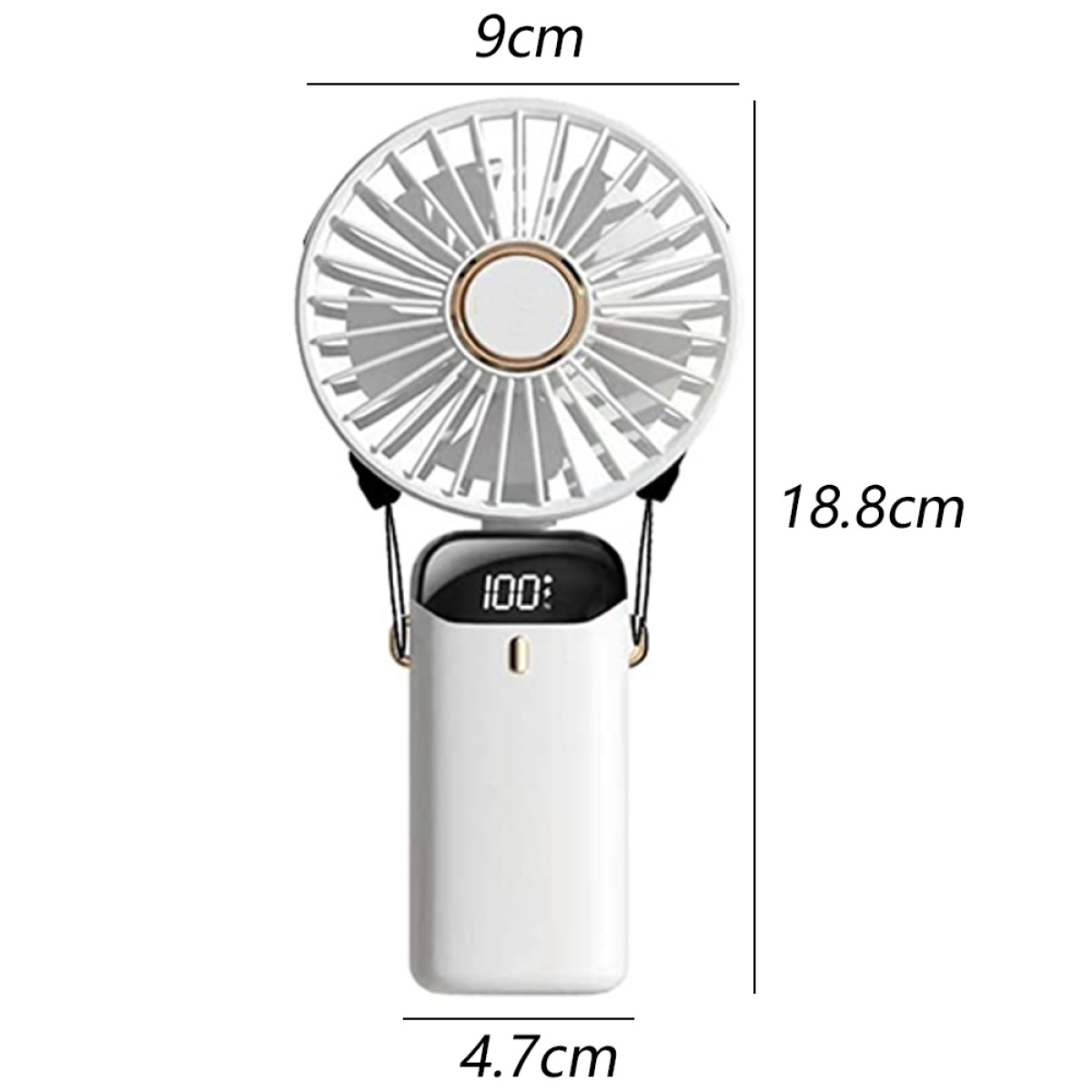 Weiß-schwarzer tragbarer Ventilator mit angegebenen Abmessungen.