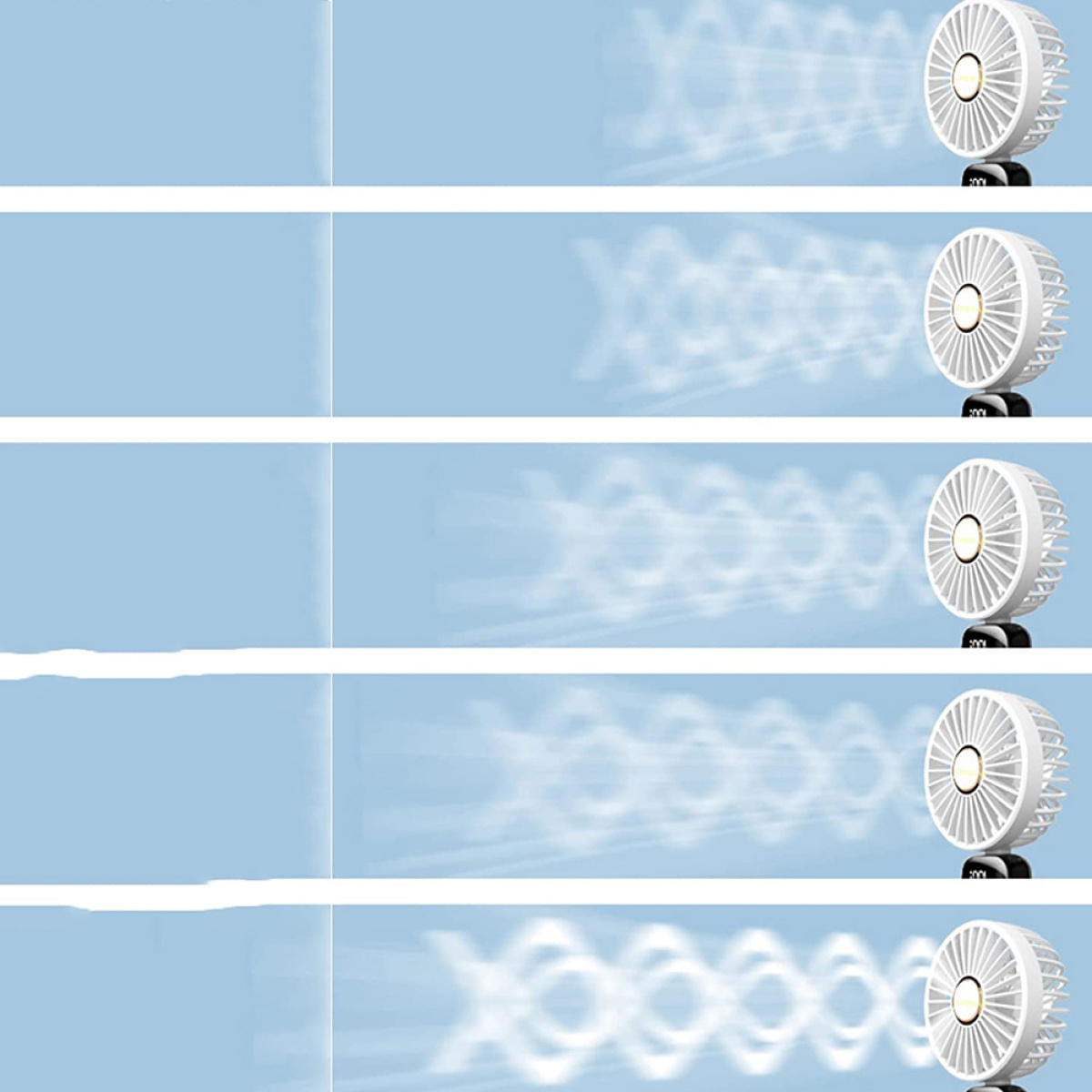 Kleine weiße Ventilatoren, die Luft blasen. Mehrere Ventilatoren sind in einer Reihe angeordnet.
