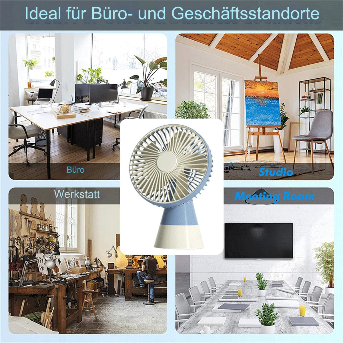 Ein Ventilator in verschiedenen Umgebungen, darunter Büro, Studio und Besprechungsraum.