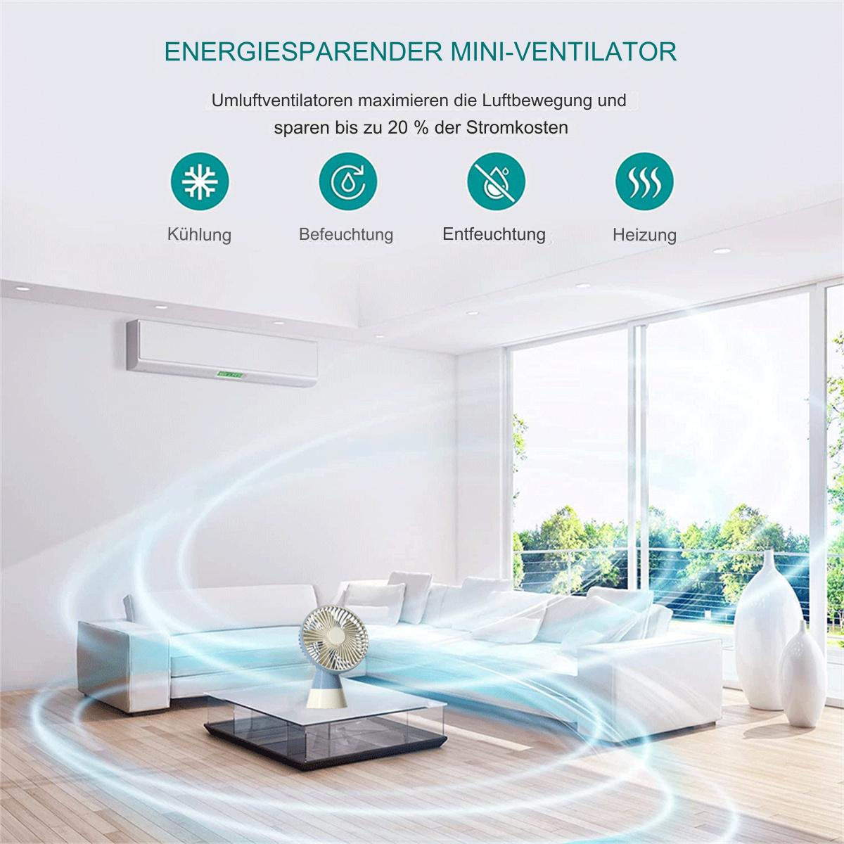 Innenraum mit weißem Sofa, Glastisch und Mini-Ventilator auf dem Tisch.