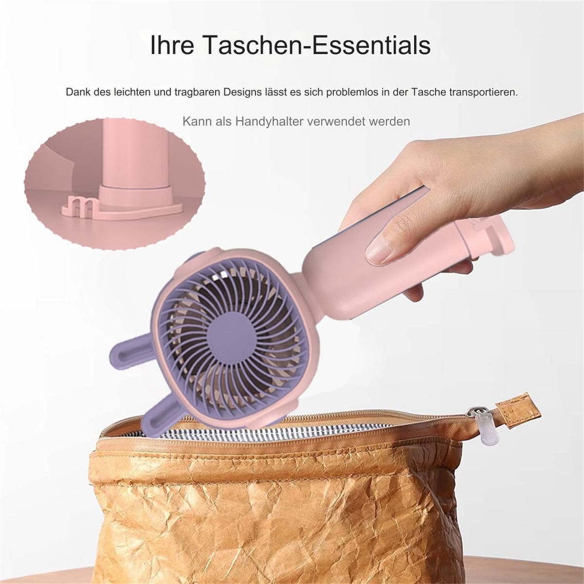 Hand mit kleinem Ventilator, der in eine braune Tasche gelegt wird; Text vorhanden.
