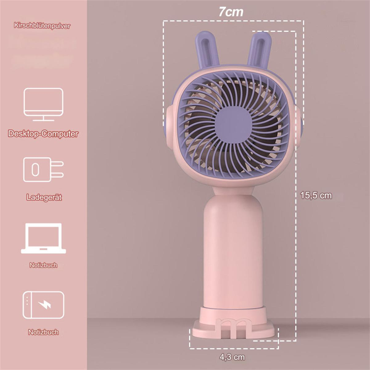 Mini-Ventilator in Pink und Lila mit Hasenohren, mit Maßen und Symbolen.