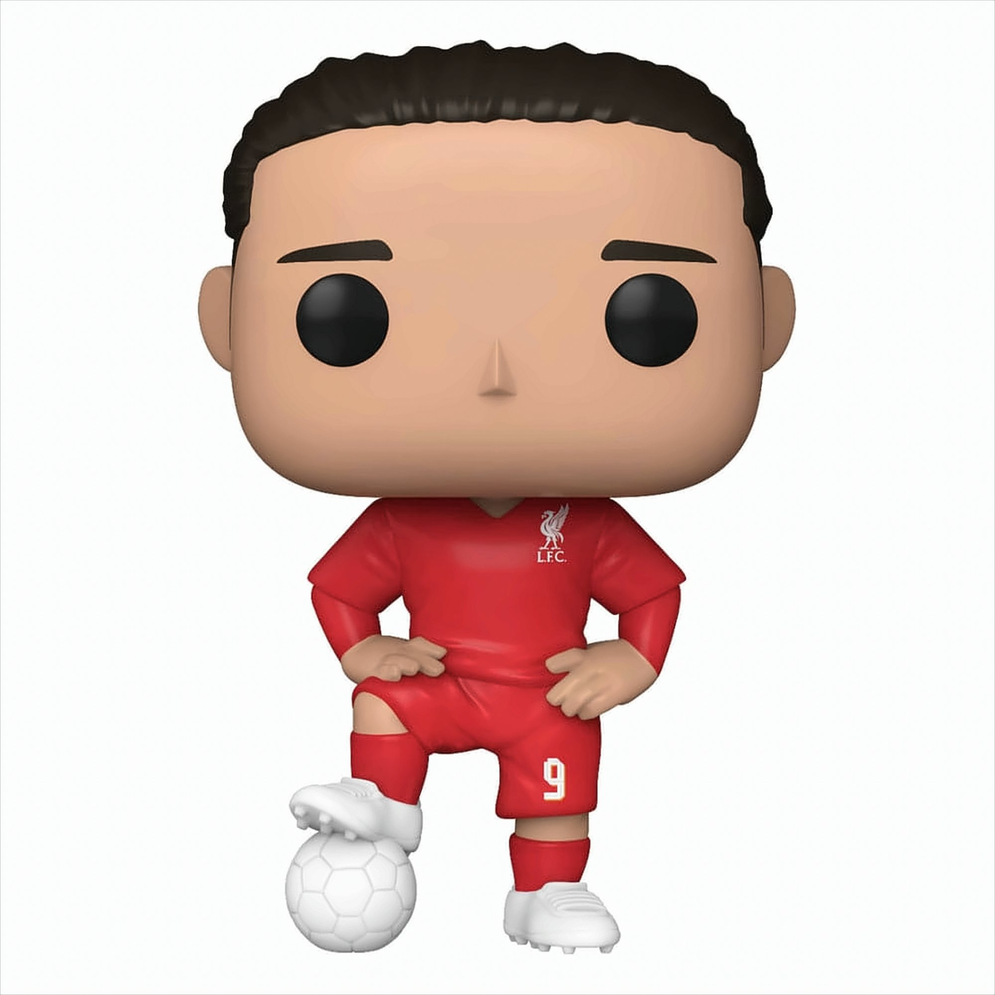 Statuetta Liverpool FC. Divisa rossa, numero 9, pallone da calcio, sfondo bianco.