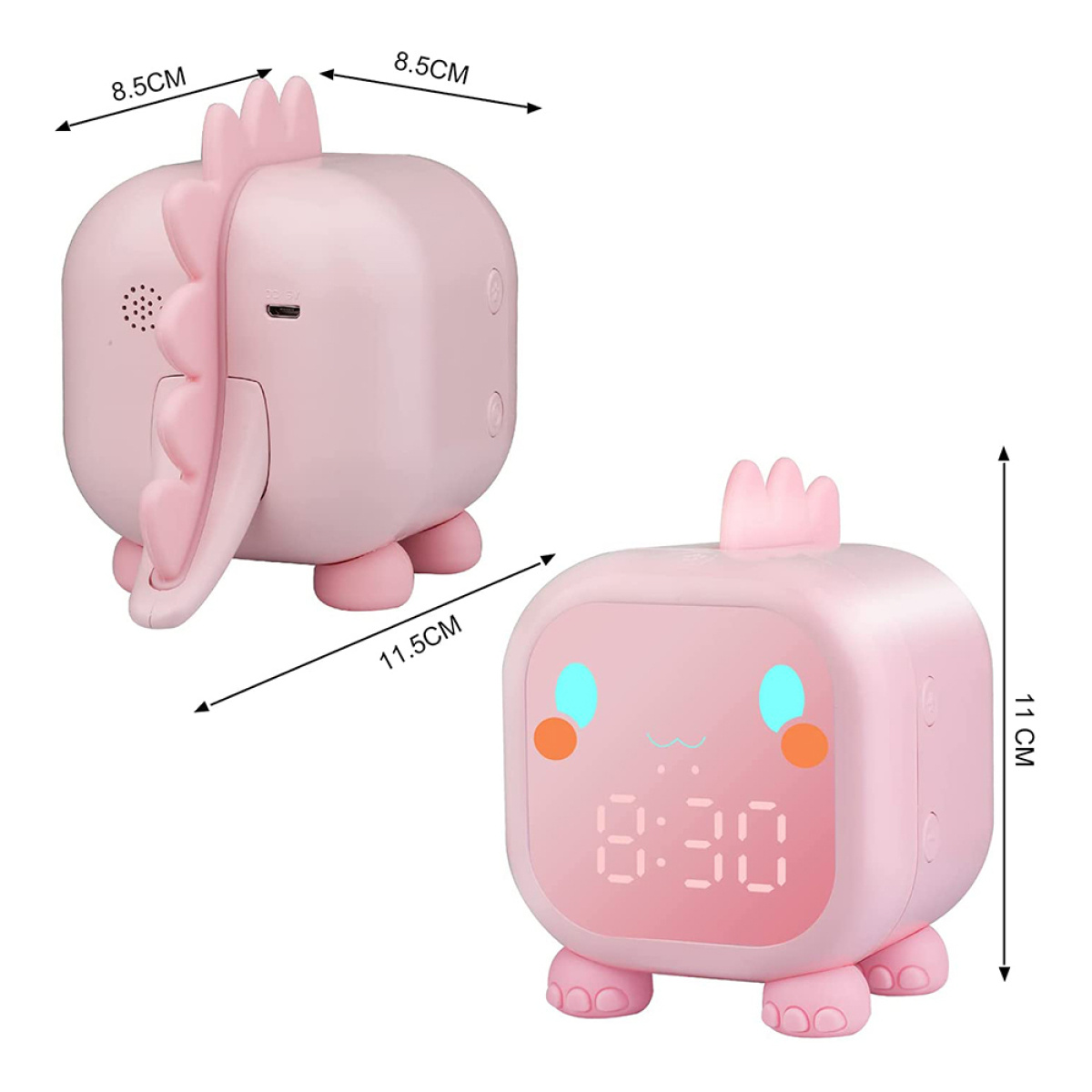 Pinker Dinosaurier-Wecker mit Digitalanzeige. Abmessungen und Details gezeigt. Weißer Hintergrund.