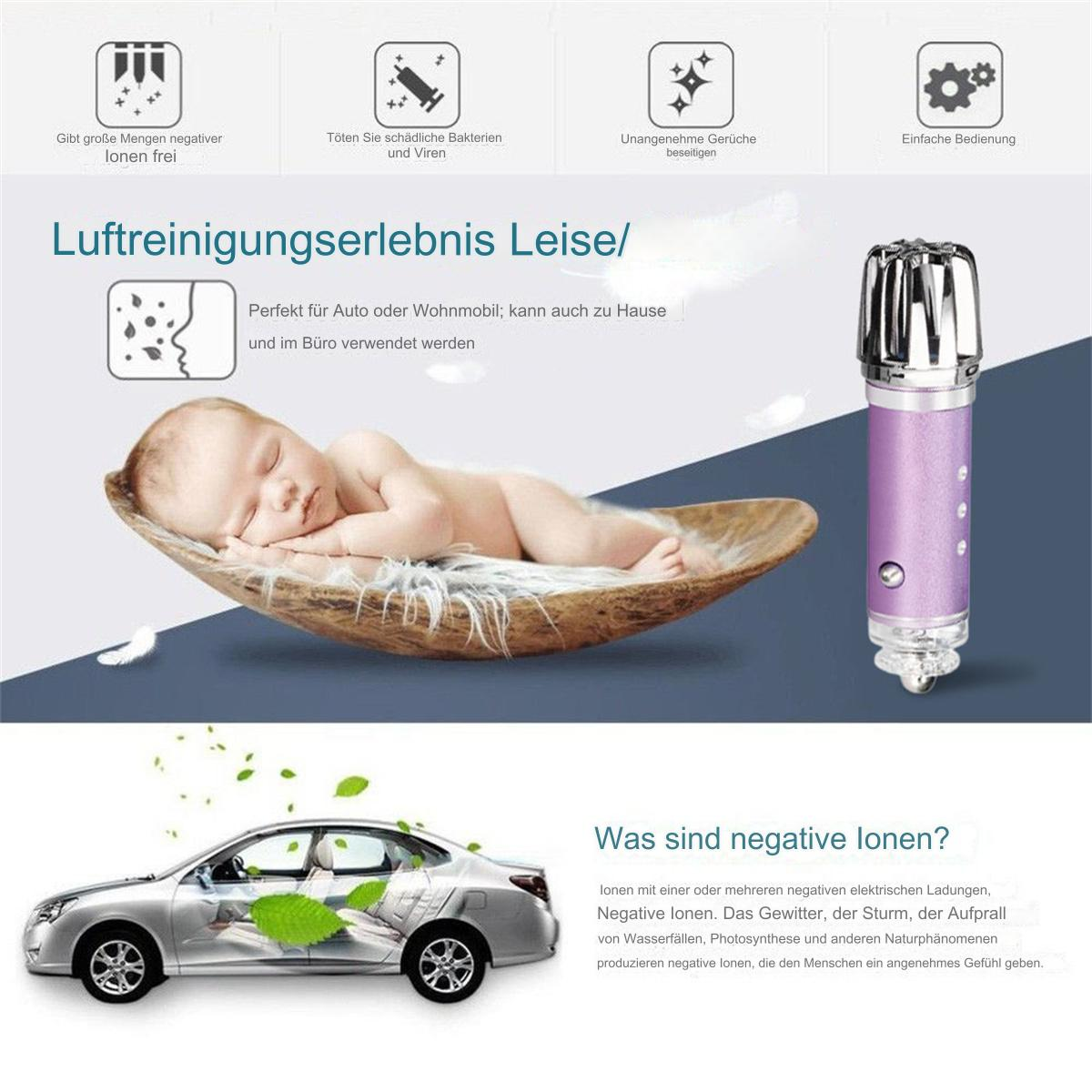 Bild mit Text und Illustrationen zur Luftreinigung, einem Baby und einem Auto.