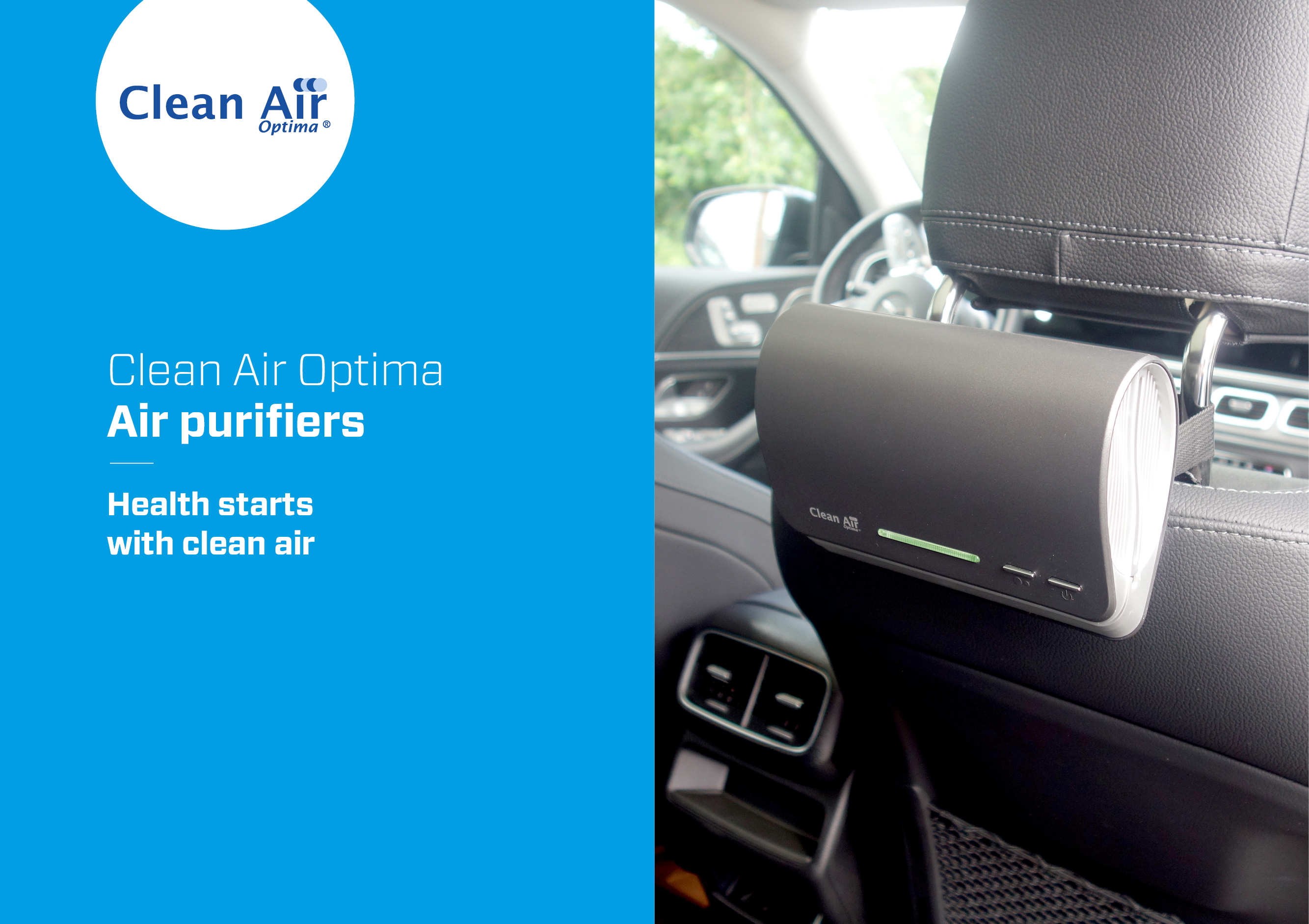 An air purifier in a car, near the headrest. The purifier has a green light, and the text 'Clean Air Optima'.