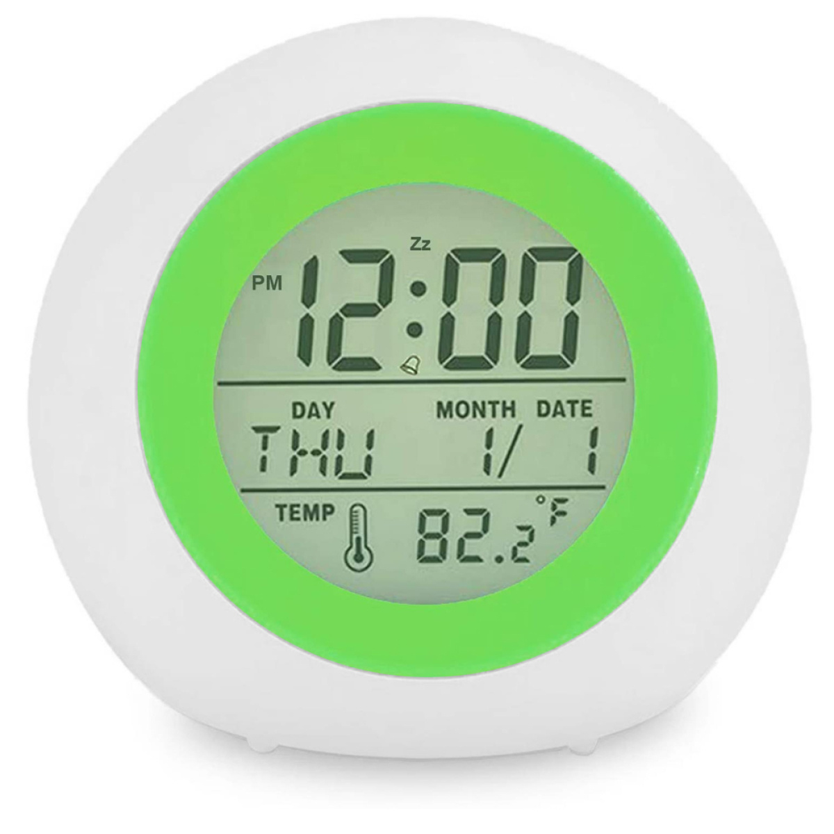 Digitaler Wecker mit 12:00 PM, Donnerstag, 1/1 und 82,2°F. Weißes und grünes Farbschema.