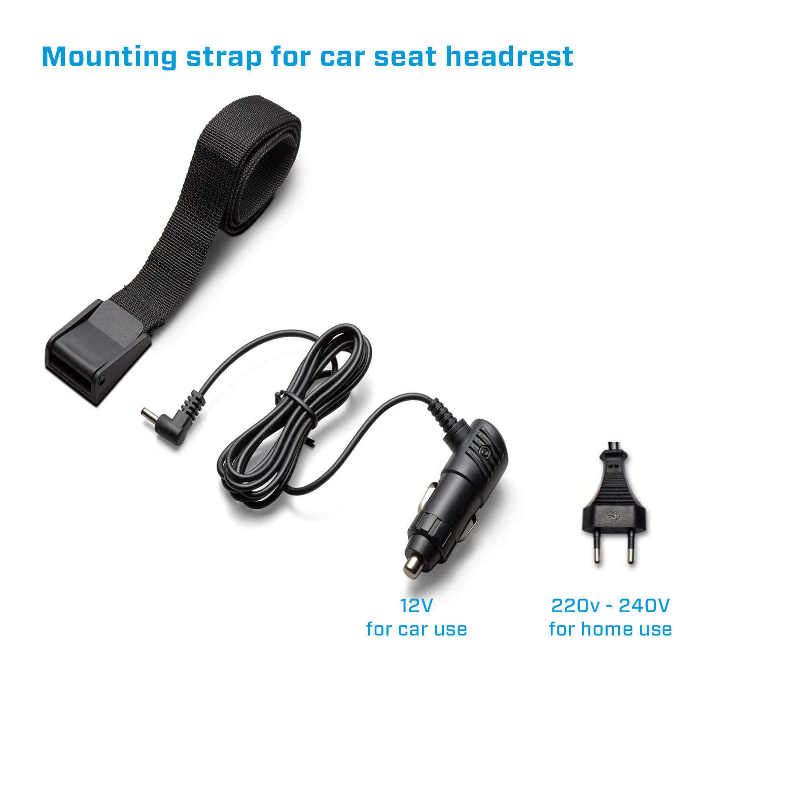 Car seat headrest mounting strap, car charger, home use plug, all on white background.