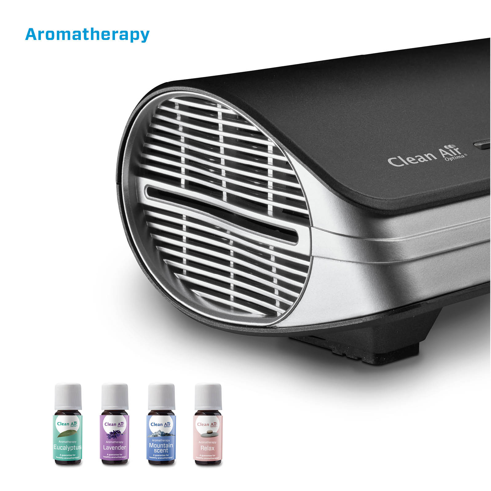 Aromatherapy diffuser with essential oil bottles. Black and silver design, oils include eucalyptus and lavender.