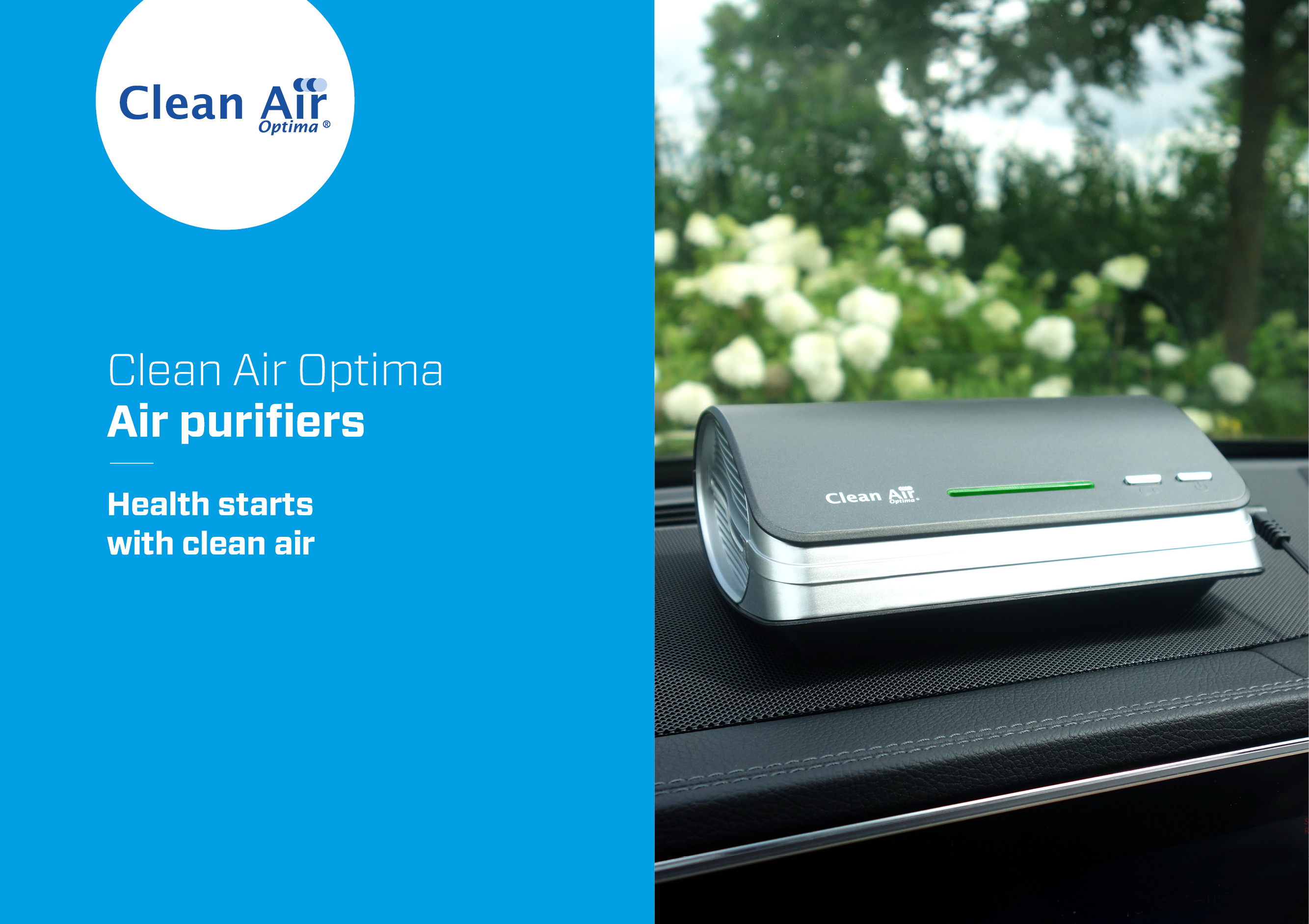 Air purifier in car, with text: Clean Air Optima, Air purifiers, Health starts with clean air.