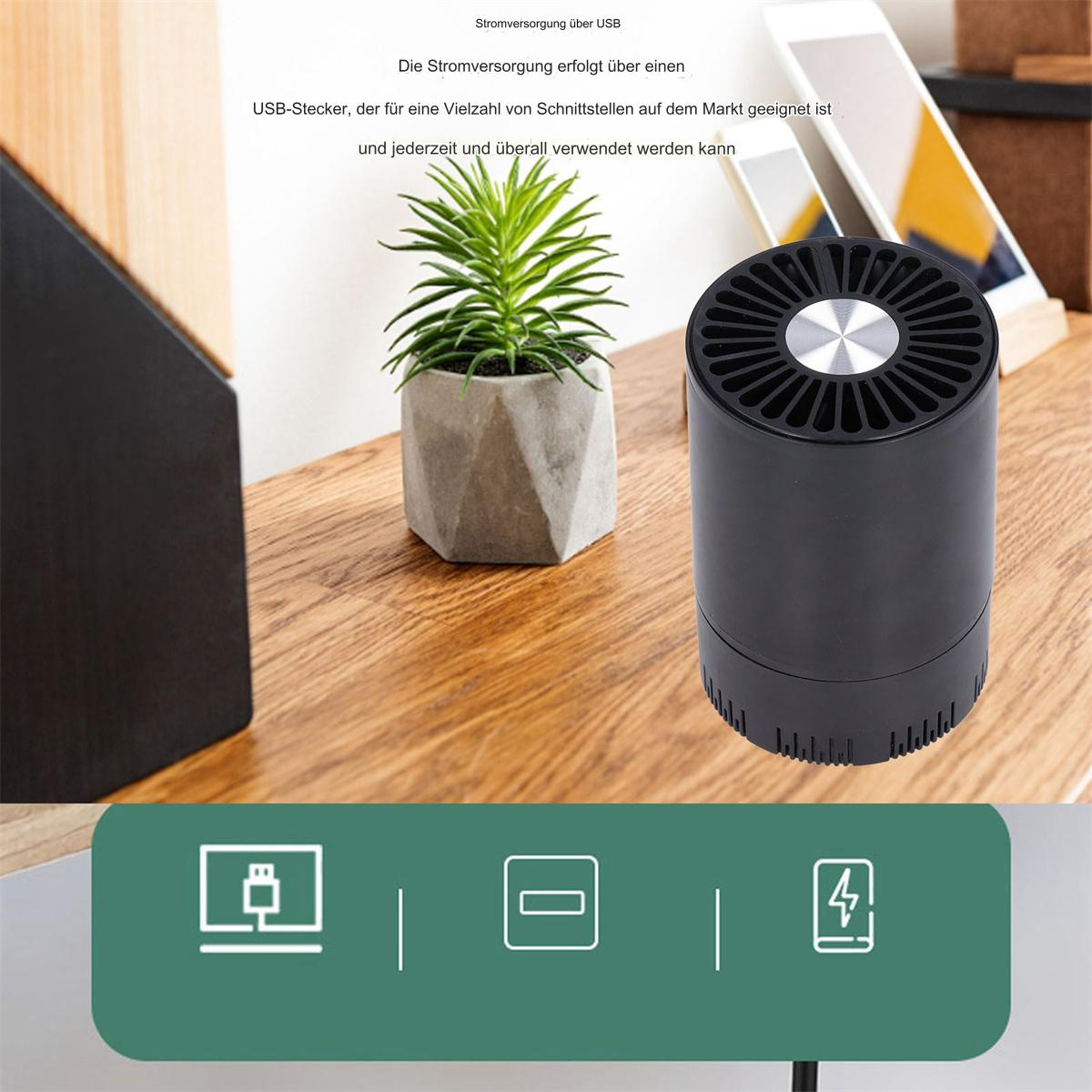 Schwarzes zylindrisches Gerät auf einem Holztisch mit einer kleinen Pflanze. Text: USB-Stromversorgung. Symbole für USB, leer und Laden.