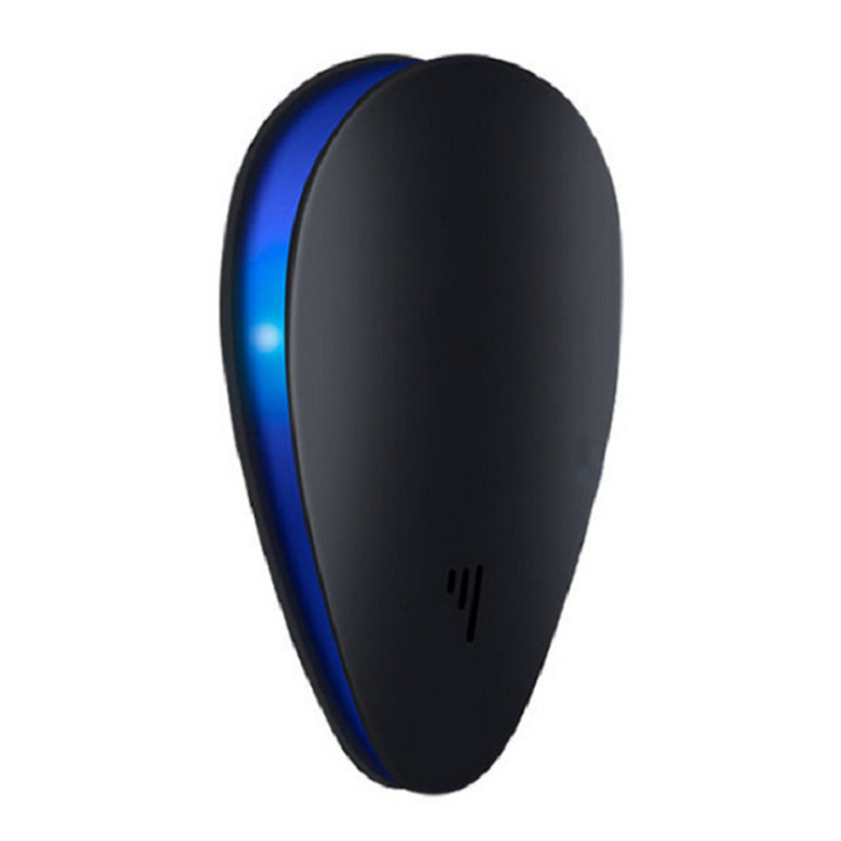 Tropfenförmiges, schwarzes Gerät mit blauem LED-Streifen. Es hat ein kleines Logo unten.